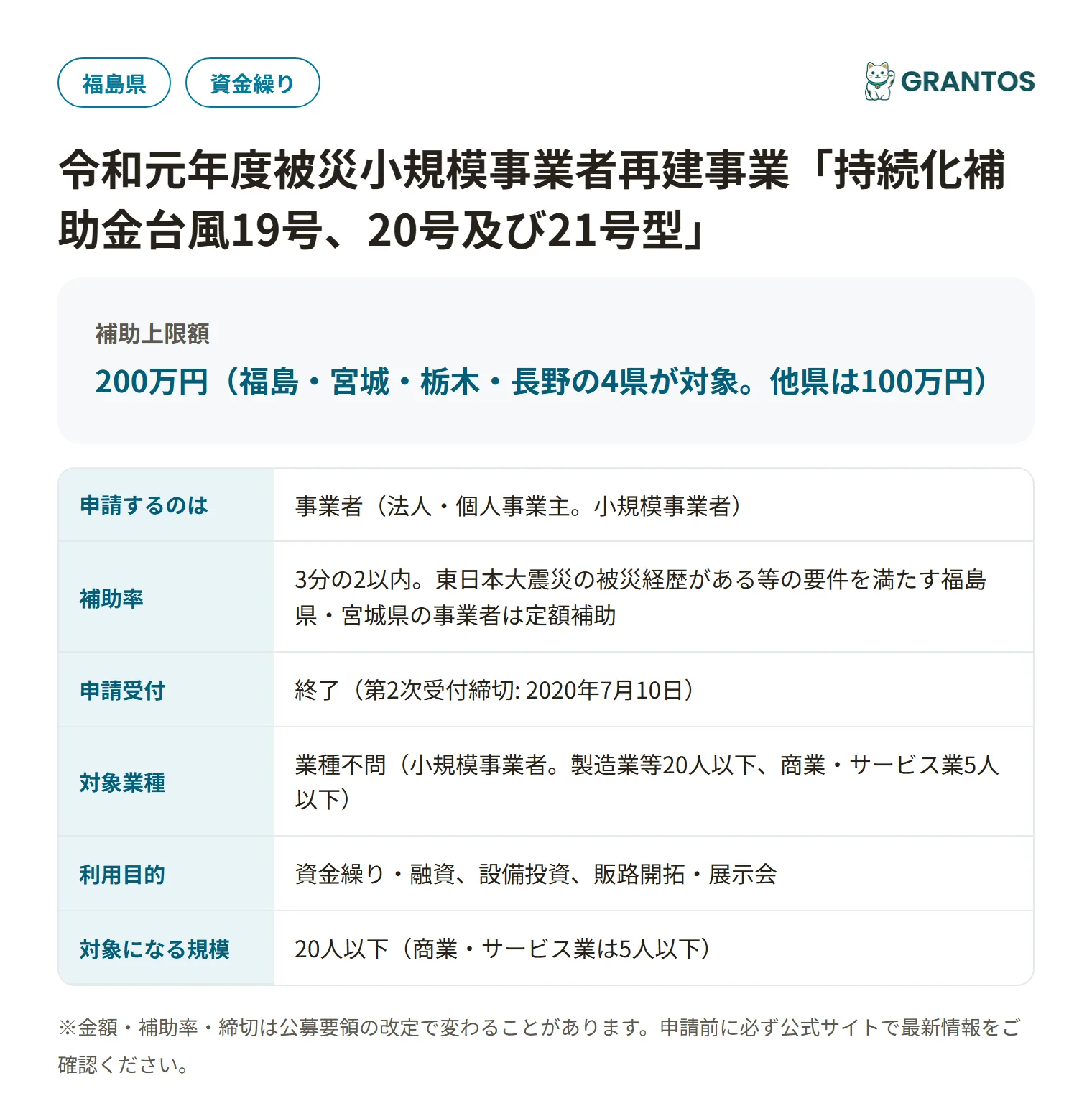 被災小規模事業者再建事業（台風19号型）の対象・金額・締切の概要