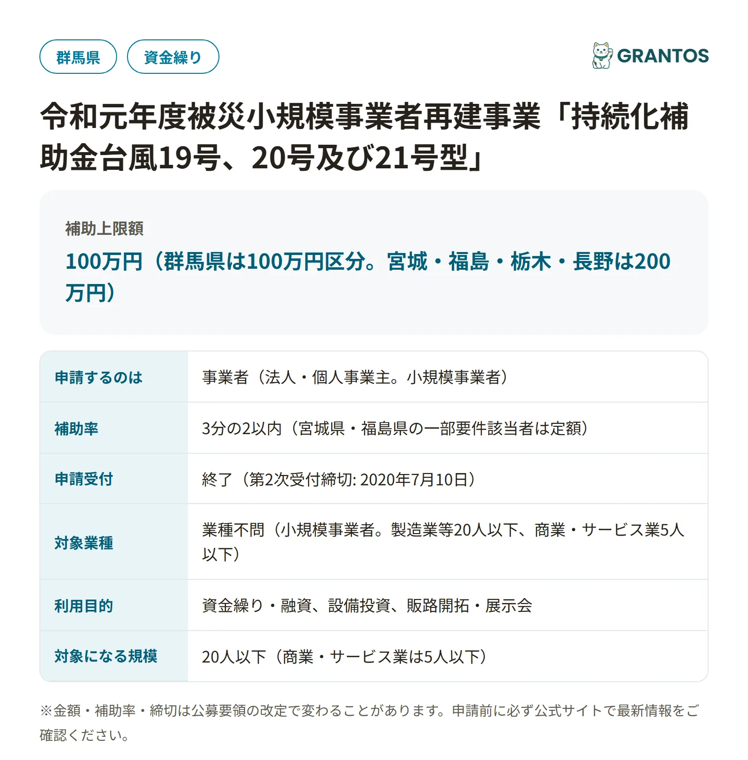 被災小規模事業者再建事業（台風19号型）の対象・金額・締切の概要