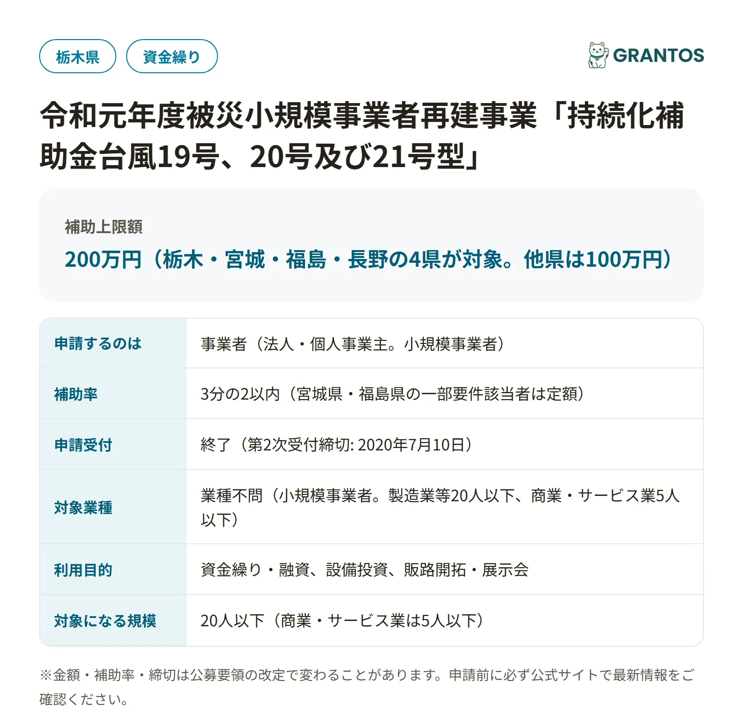 被災小規模事業者再建事業（台風19号型）の対象・金額・締切の概要
