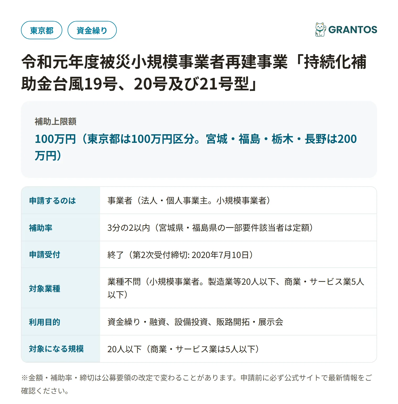 被災小規模事業者再建事業（台風19号型）の対象・金額・締切の概要
