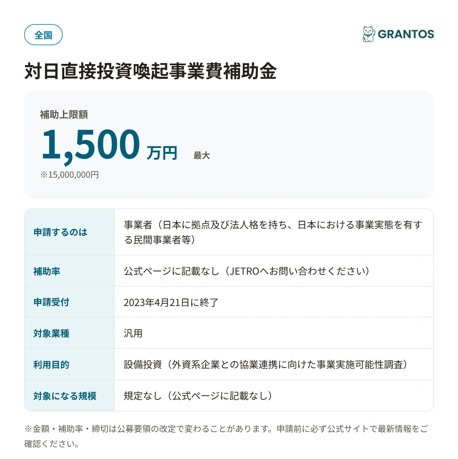 対日直接投資喚起事業費補助金の対象・金額・締切の概要