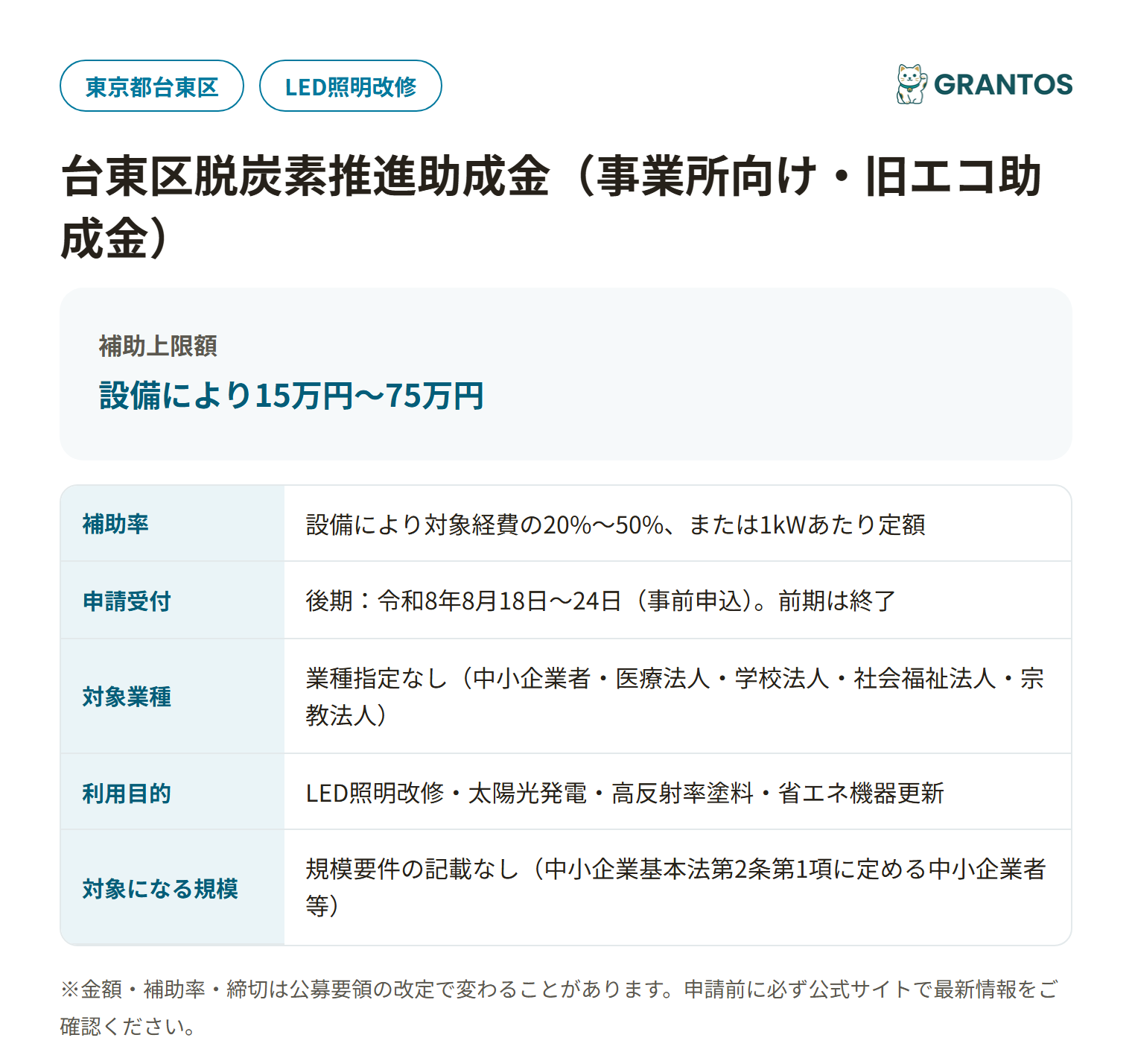 台東区脱炭素推進助成金（事業所向け）の対象・金額・締切の概要