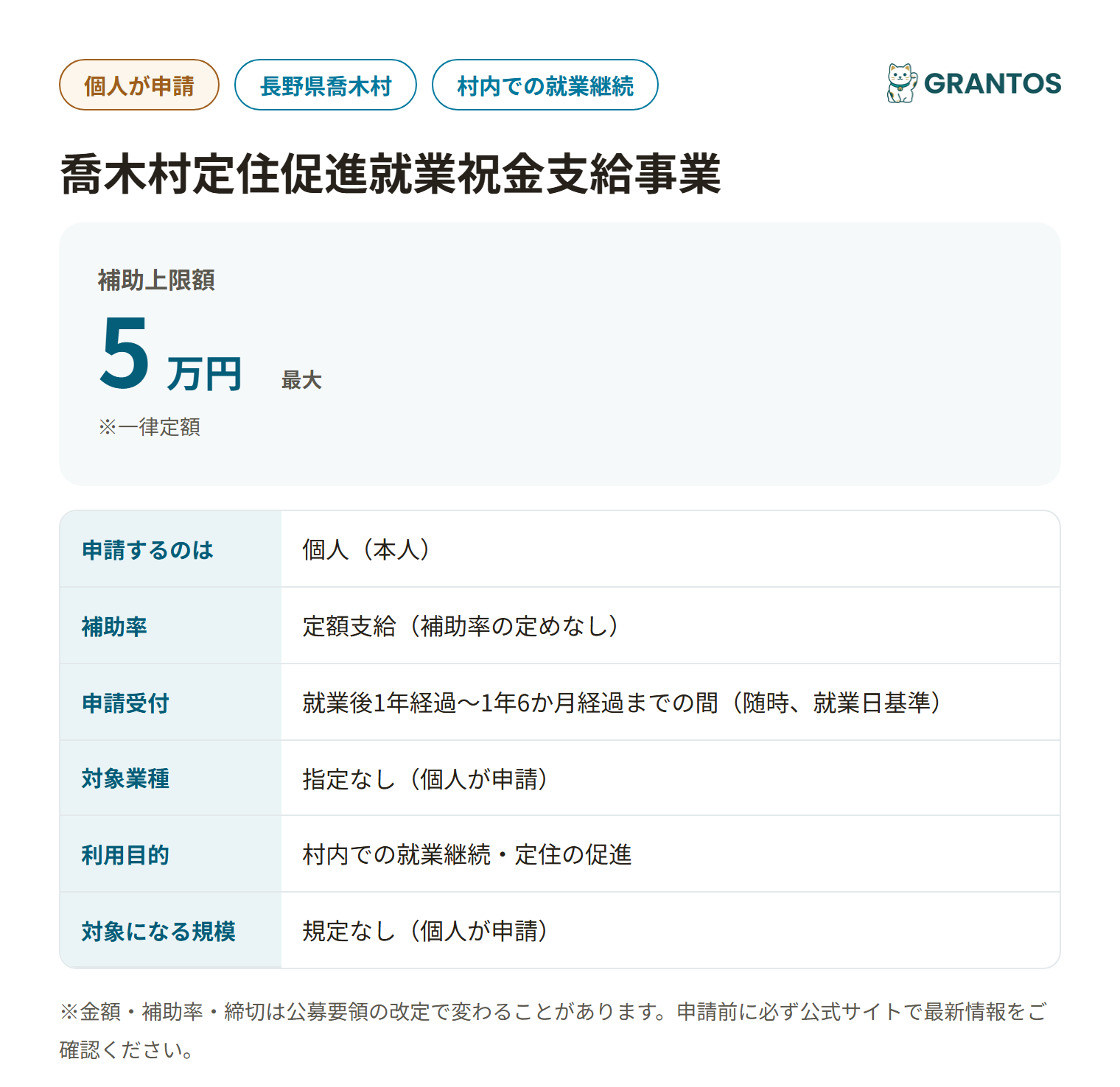 喬木村定住促進就業祝金支給事業の対象・金額・申請期限の概要
