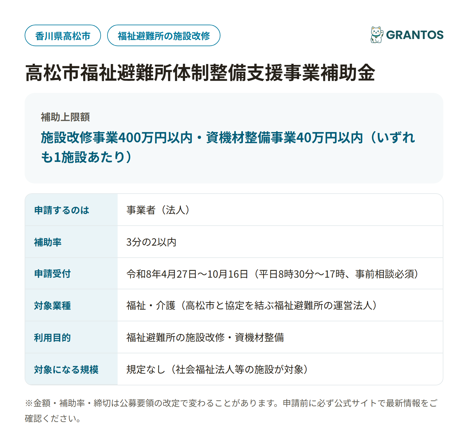 高松市福祉避難所体制整備支援事業補助金の対象・金額・締切の概要