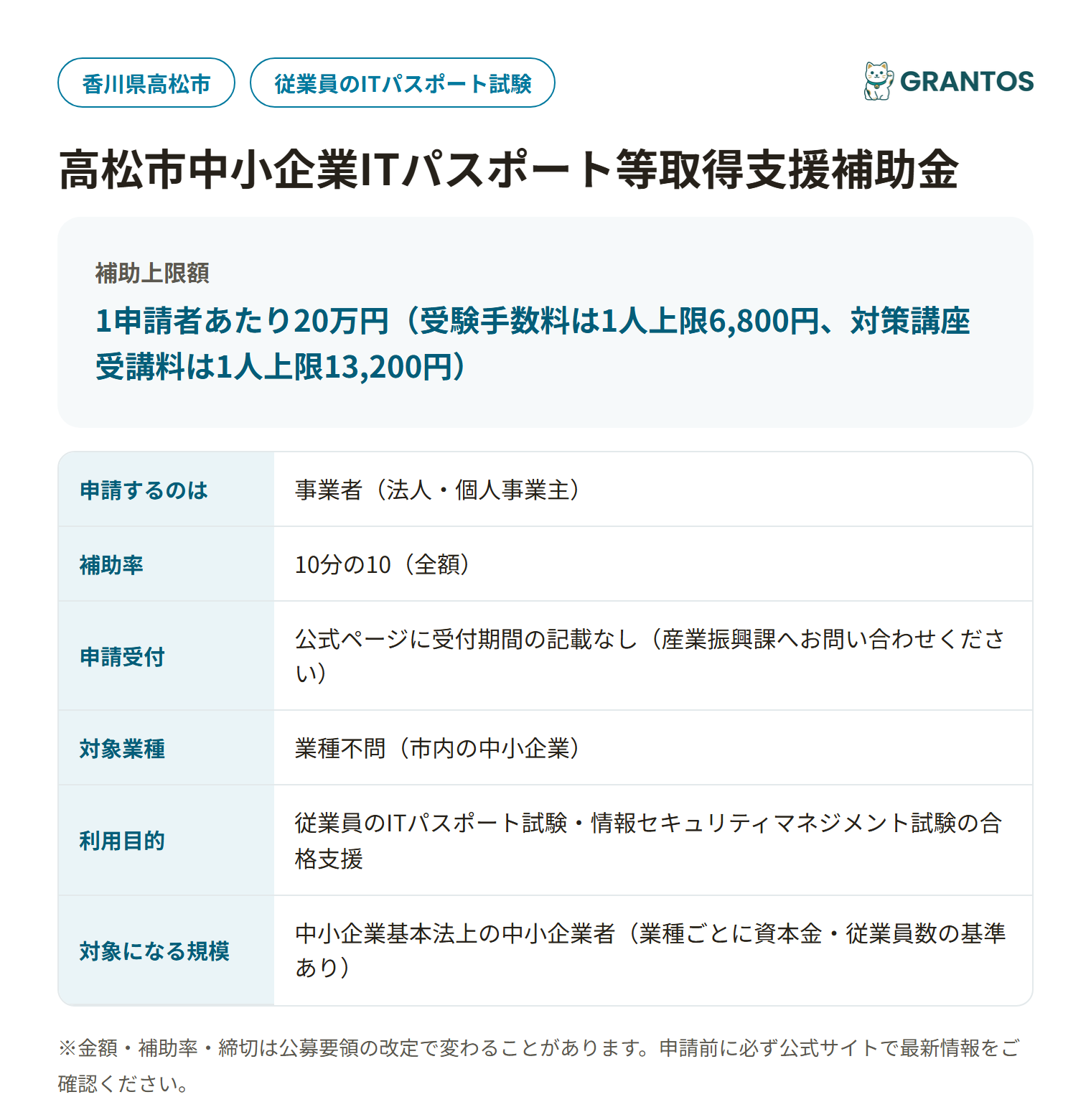 高松市中小企業ITパスポート等取得支援補助金の対象・金額・締切の概要