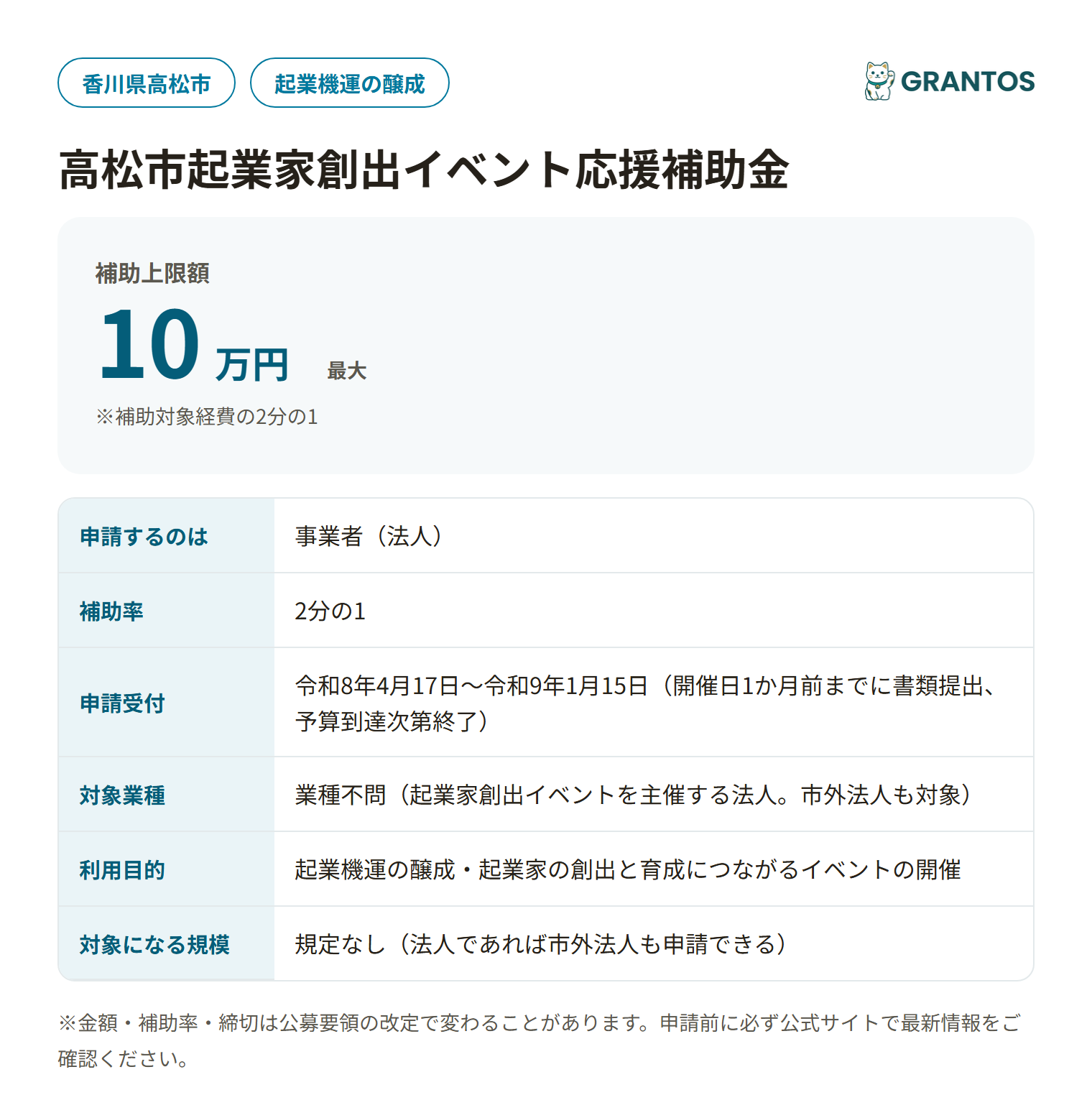 高松市起業家創出イベント応援補助金の対象・金額・締切の概要