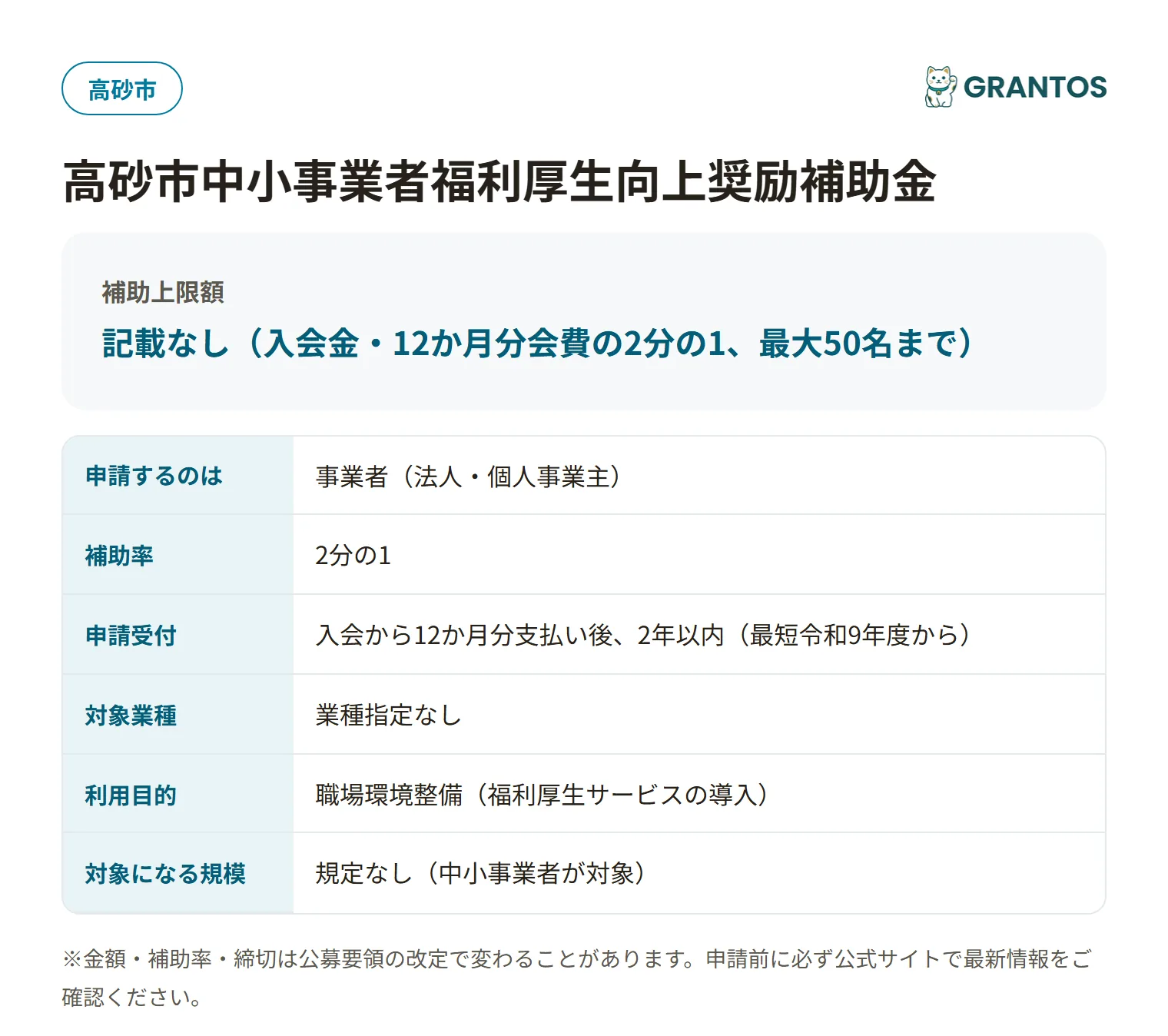 高砂市中小事業者福利厚生向上奨励補助金の対象・金額・締切の概要