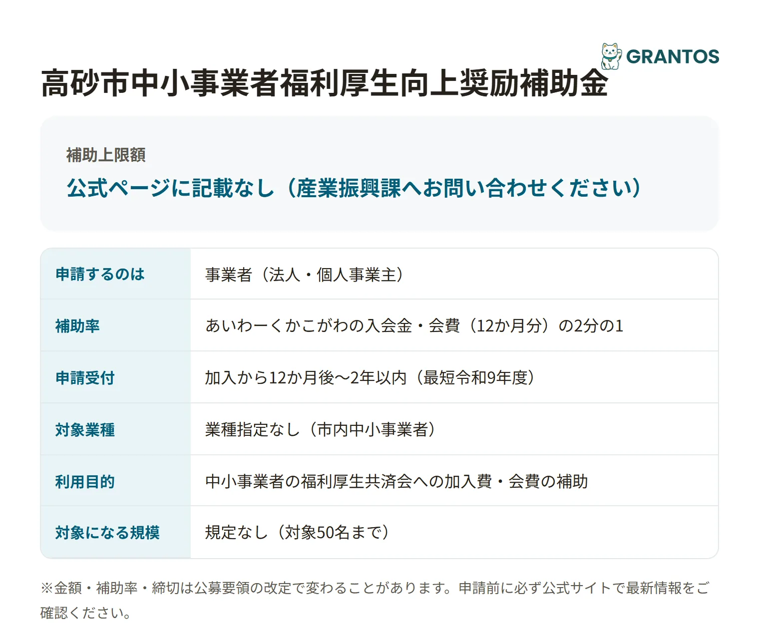 高砂市中小事業者福利厚生向上奨励補助金の対象・金額・締切の概要