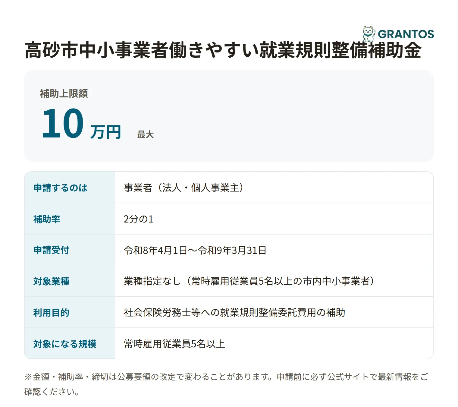 高砂市中小事業者働きやすい就業規則整備補助金の対象・金額・締切の概要