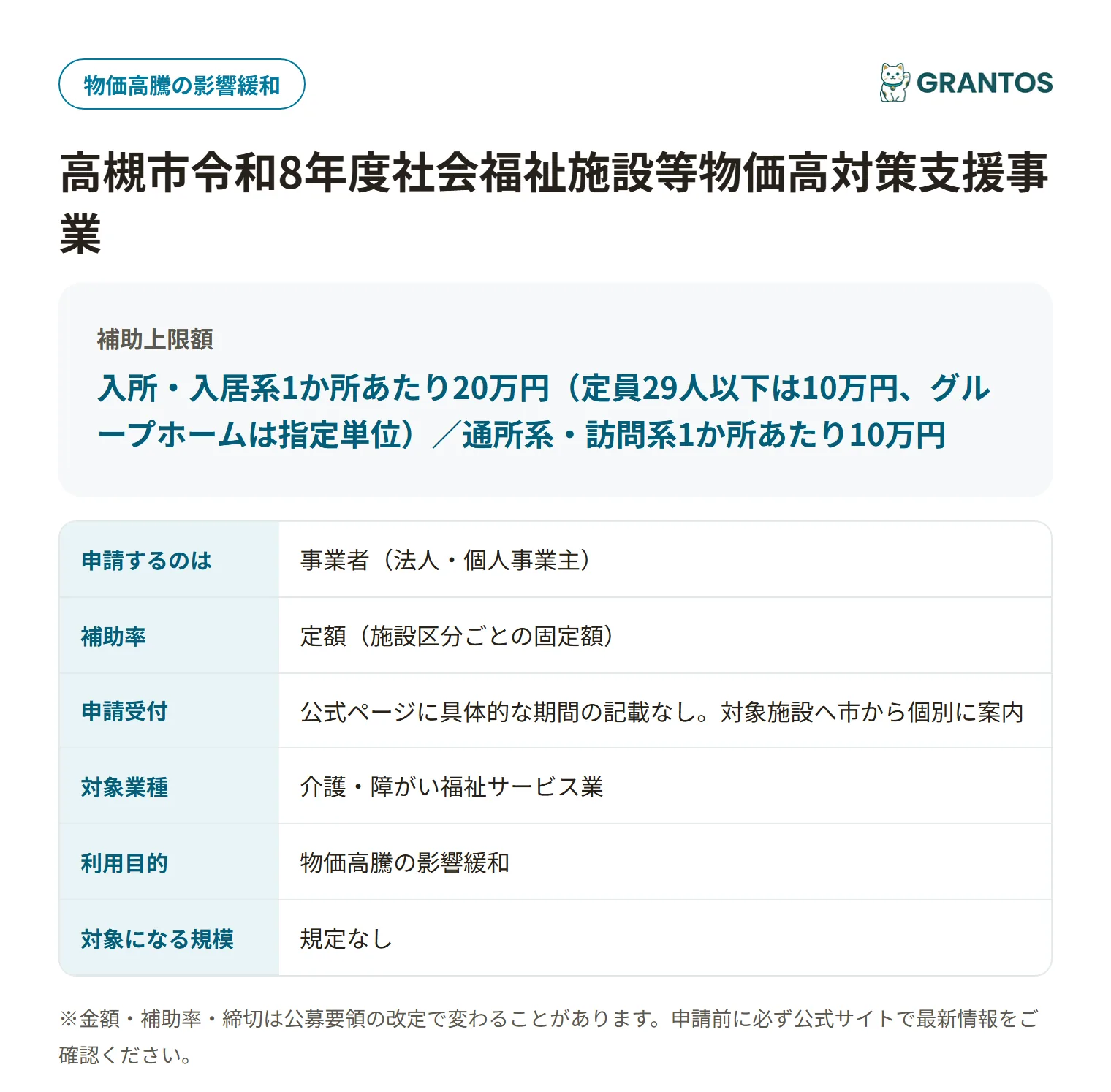 高槻市福祉施設物価高対策支援事業の対象・金額・締切の概要