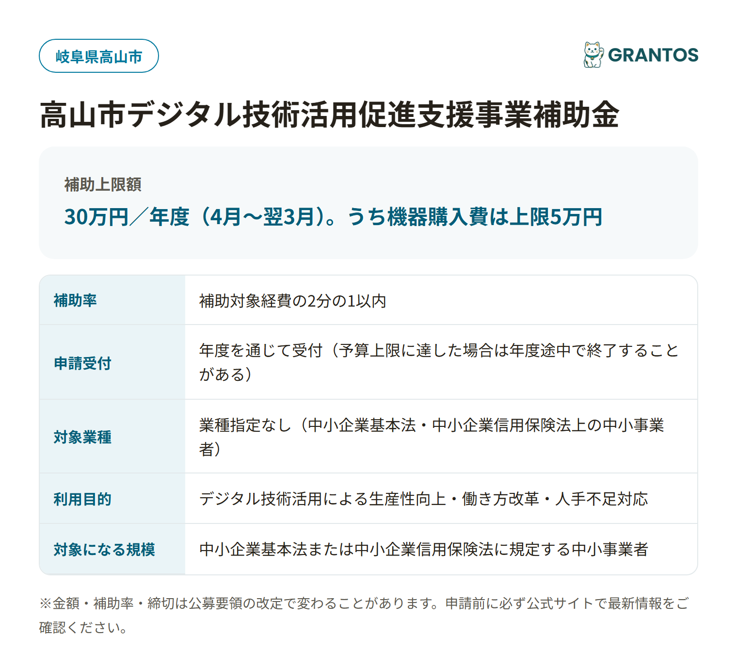 高山市デジタル技術活用促進支援事業補助金の対象・金額・締切の概要