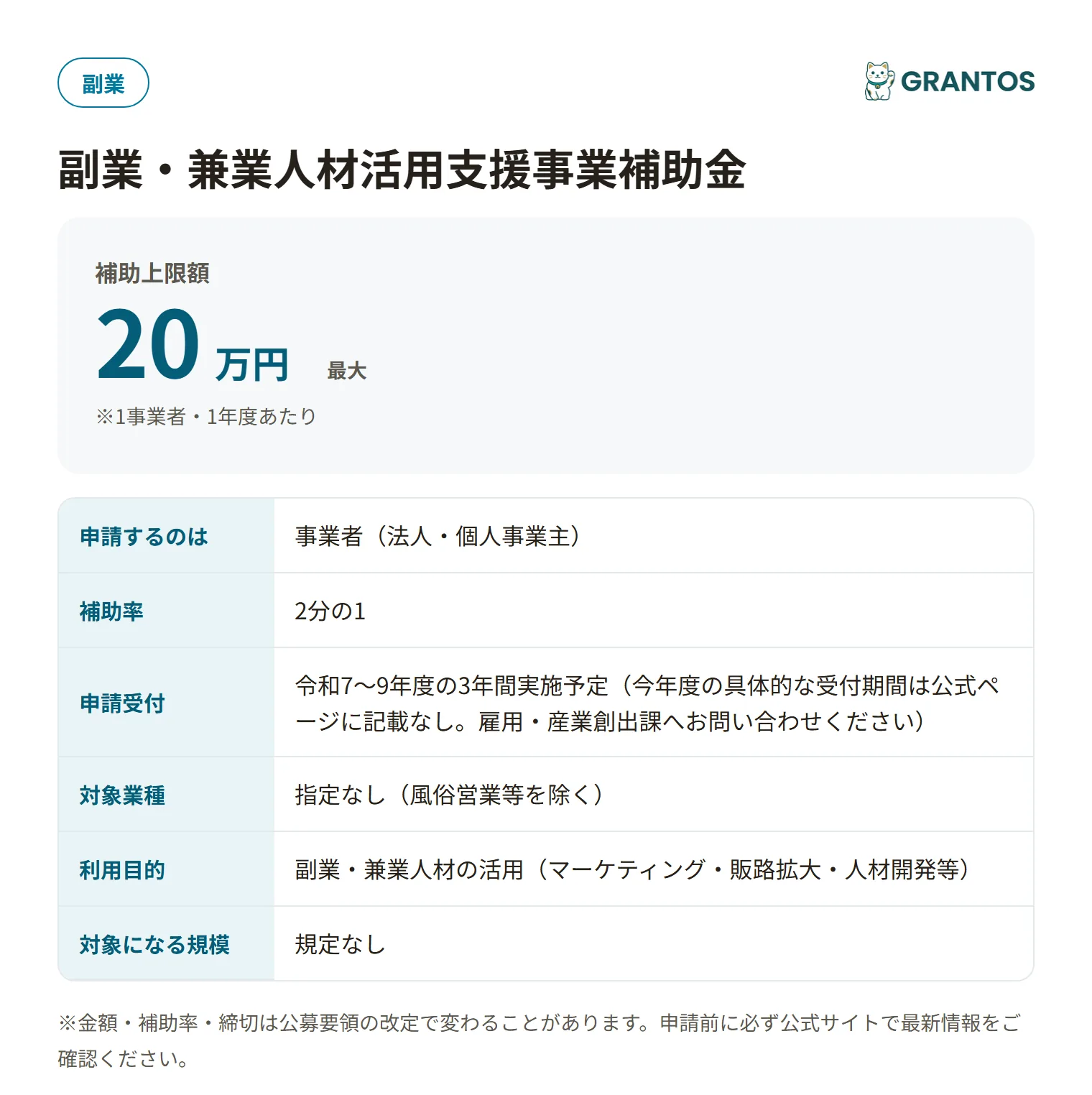 副業・兼業人材活用支援補助金の対象・金額・締切の概要