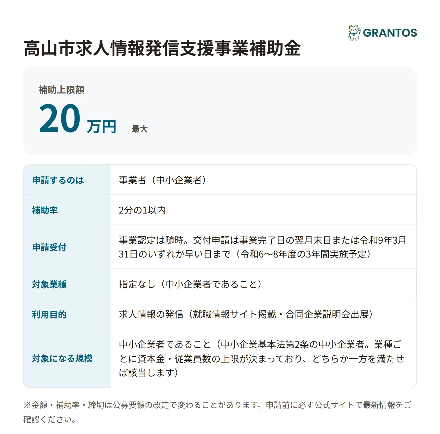 求人情報発信支援補助金の対象・金額・締切の概要