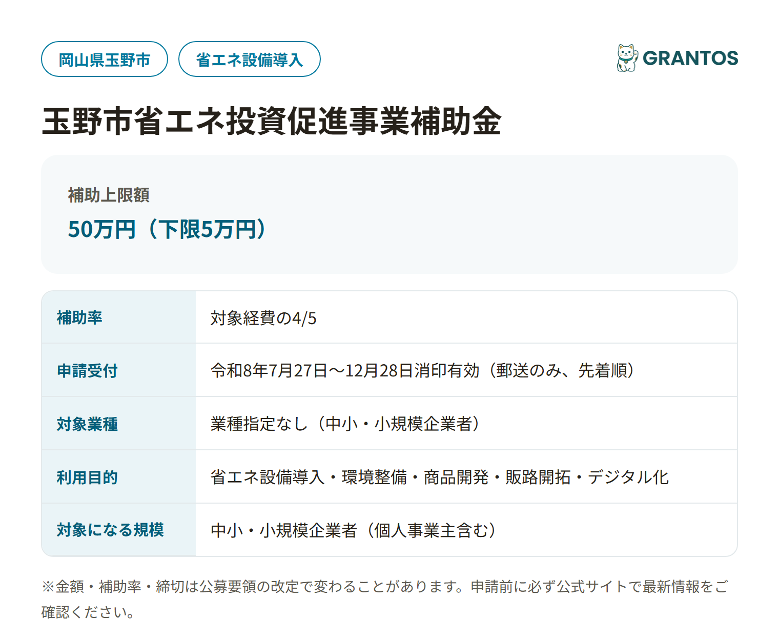 玉野市省エネ投資促進事業補助金の対象・金額・締切の概要