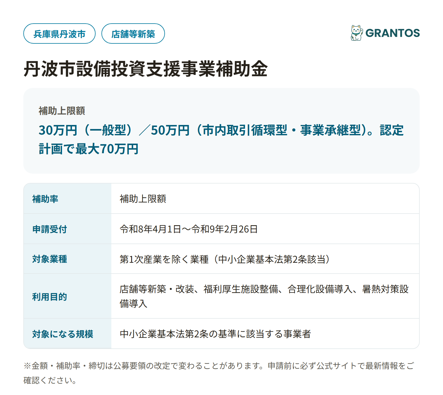 丹波市設備投資支援事業補助金の対象・金額・締切の概要
