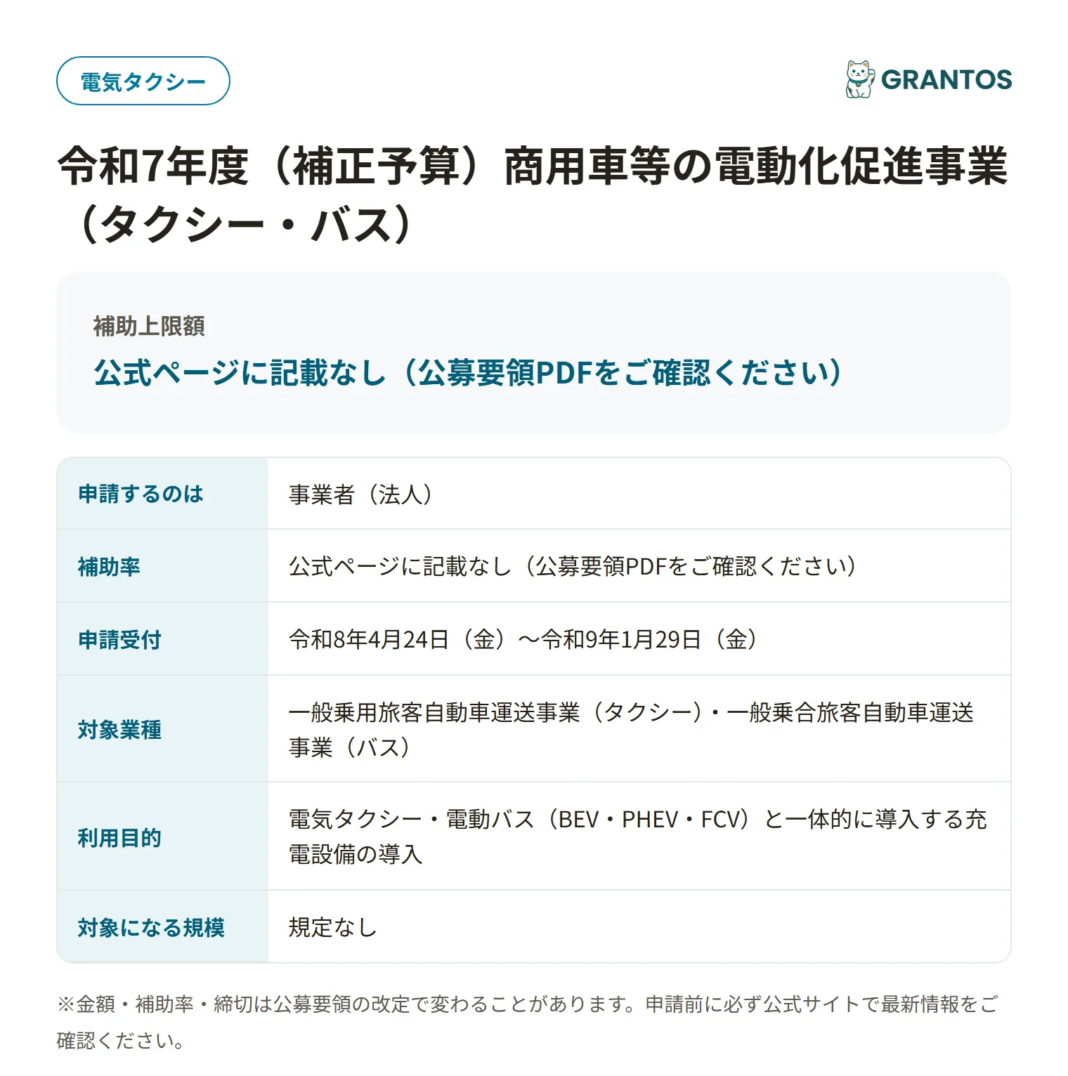 商用車等の電動化促進事業（タクシー・バス）の対象・金額・締切の概要