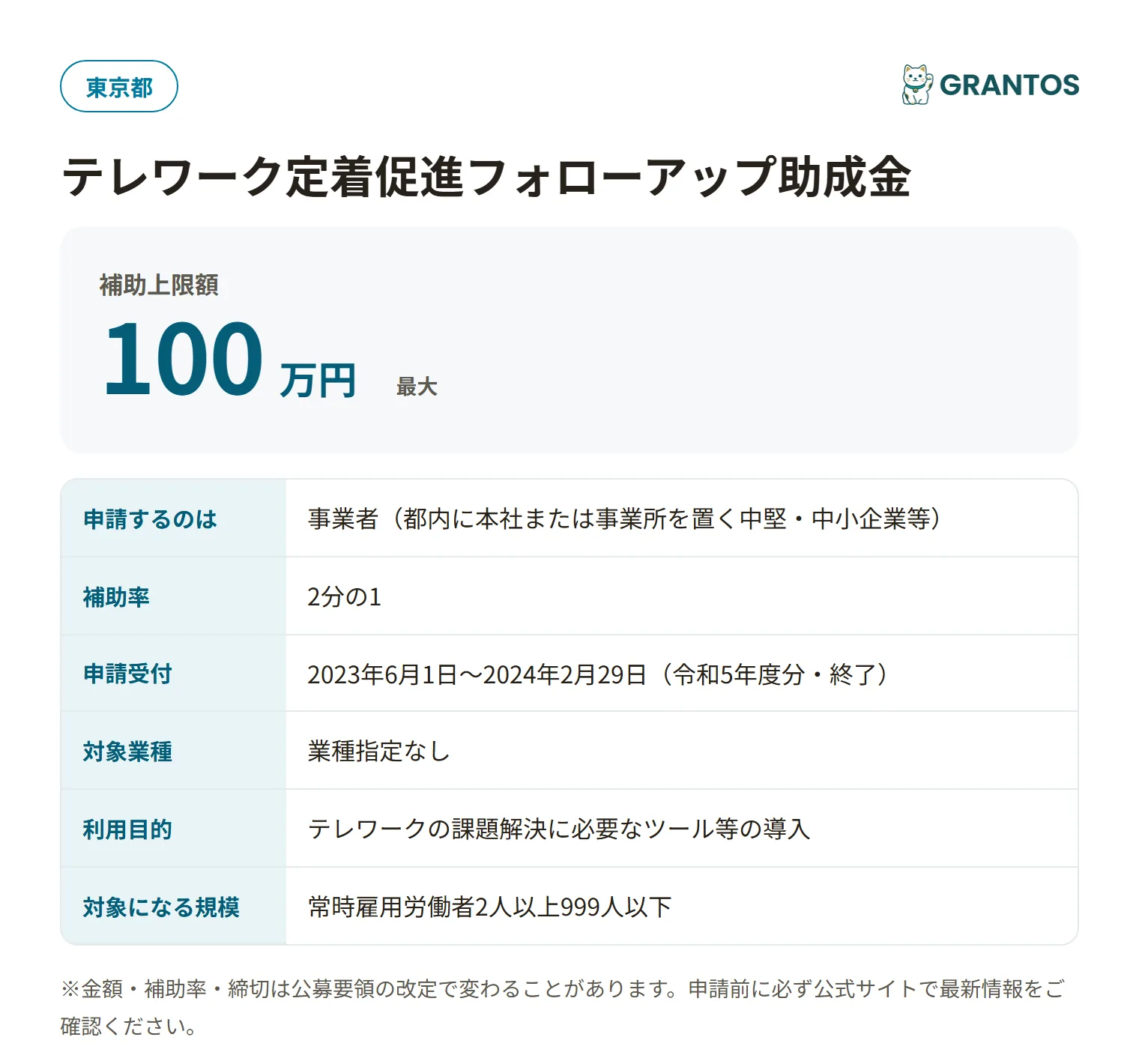 テレワーク定着促進フォローアップ助成金の対象・金額・締切の概要