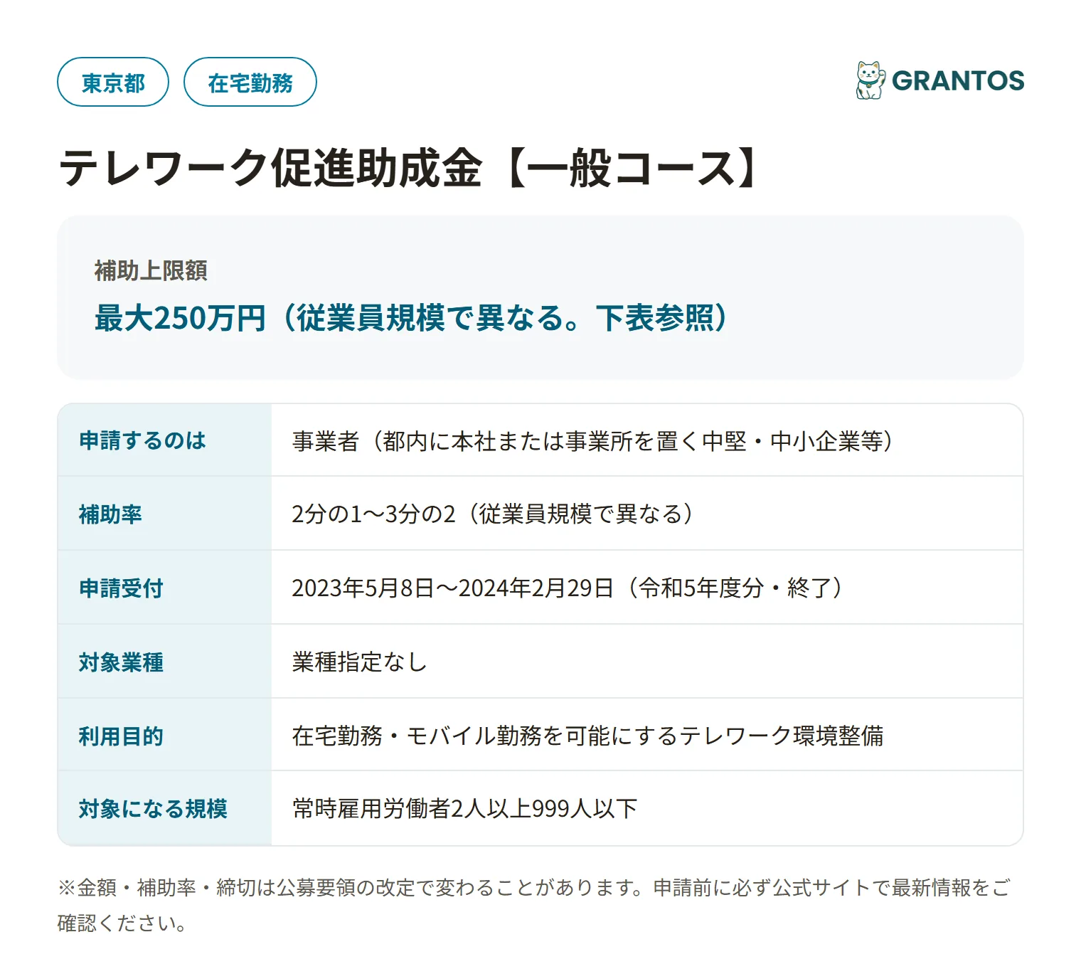 テレワーク促進助成金(一般コース)の対象・金額・締切の概要