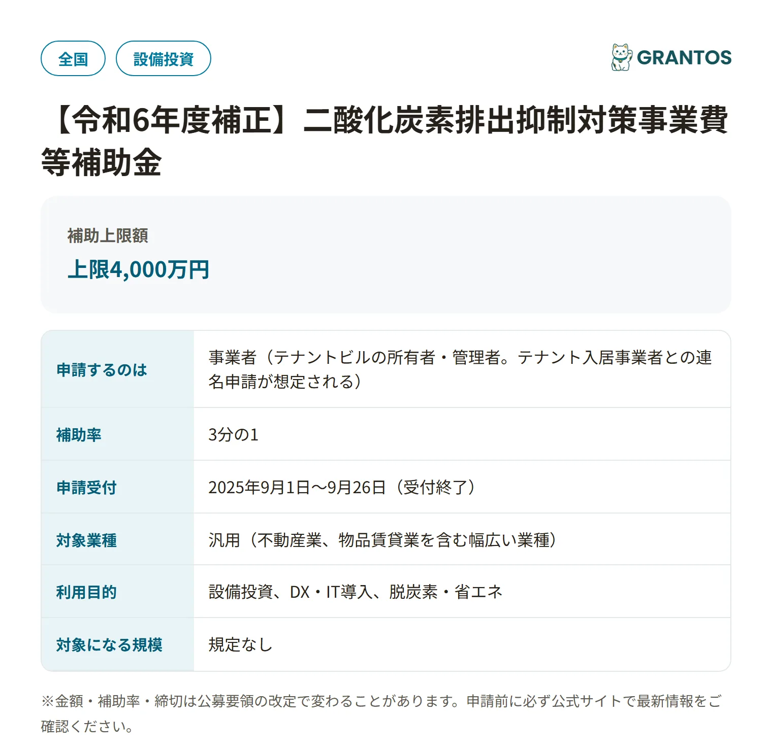 テナントビルの省CO2改修支援事業の対象・金額・締切の概要