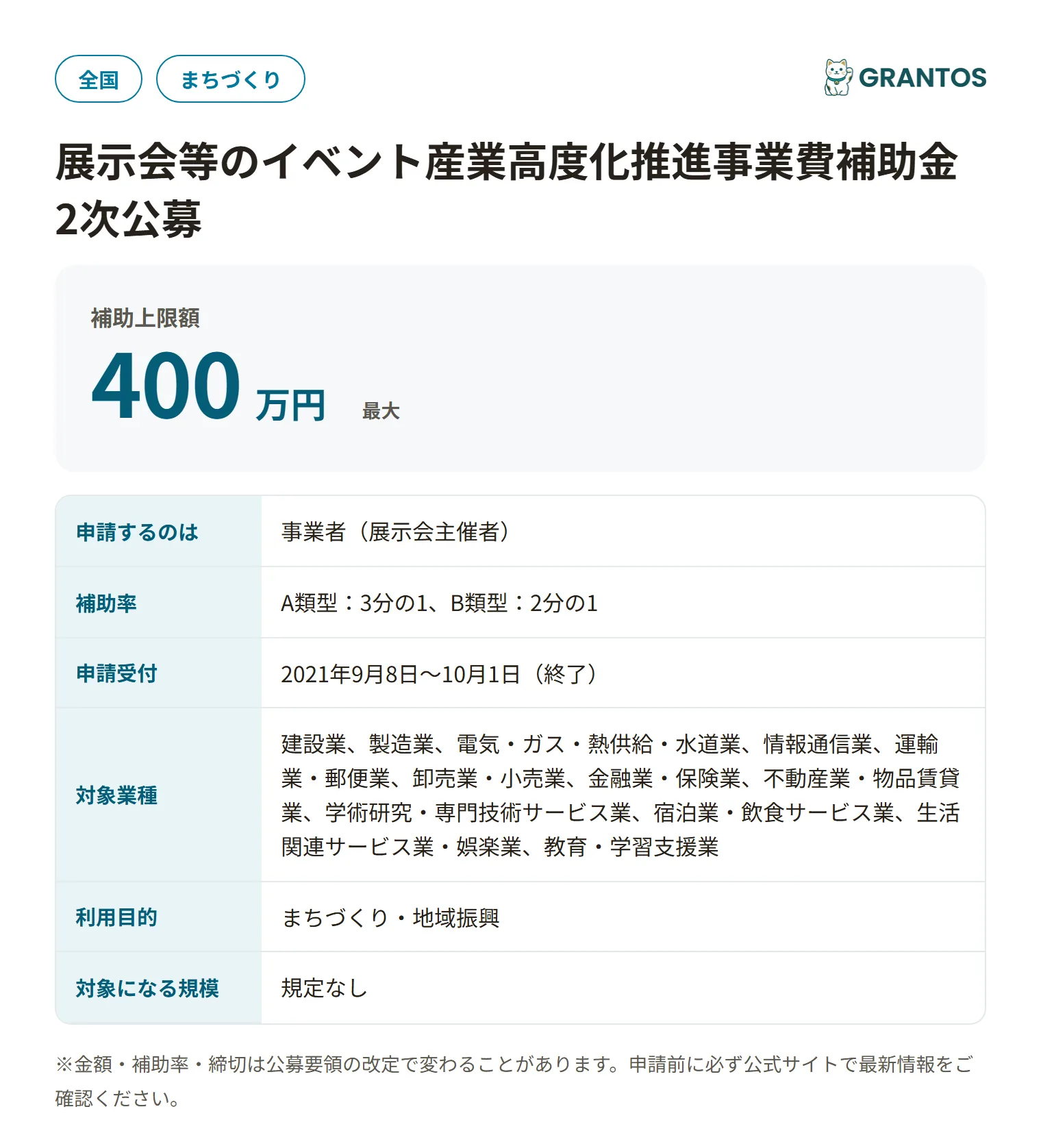 展示会等のイベント産業高度化推進事業費補助金（2次公募）の対象・金額・締切の概要