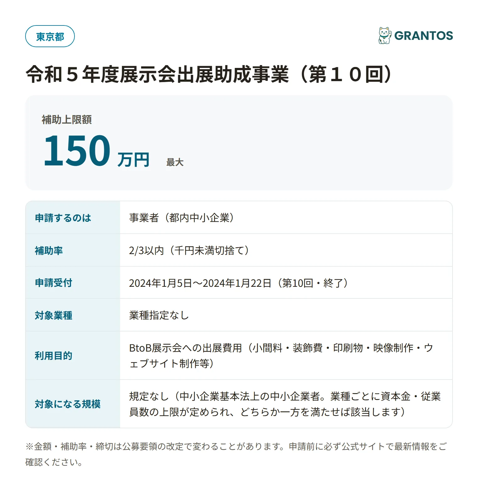 展示会出展助成事業（第10回）の対象・金額・締切の概要