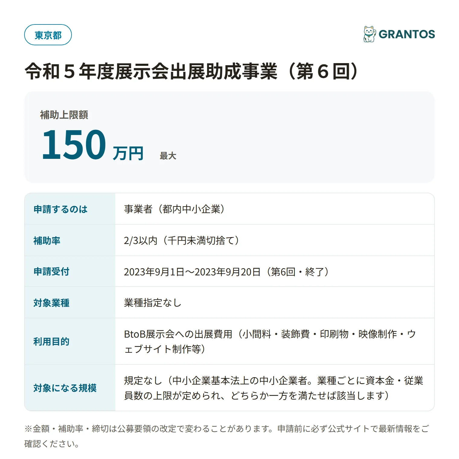 展示会出展助成事業(第6回)の対象・金額・締切の概要