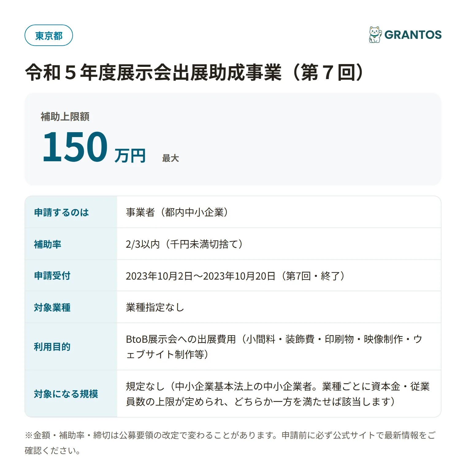 展示会出展助成事業(第7回)の対象・金額・締切の概要