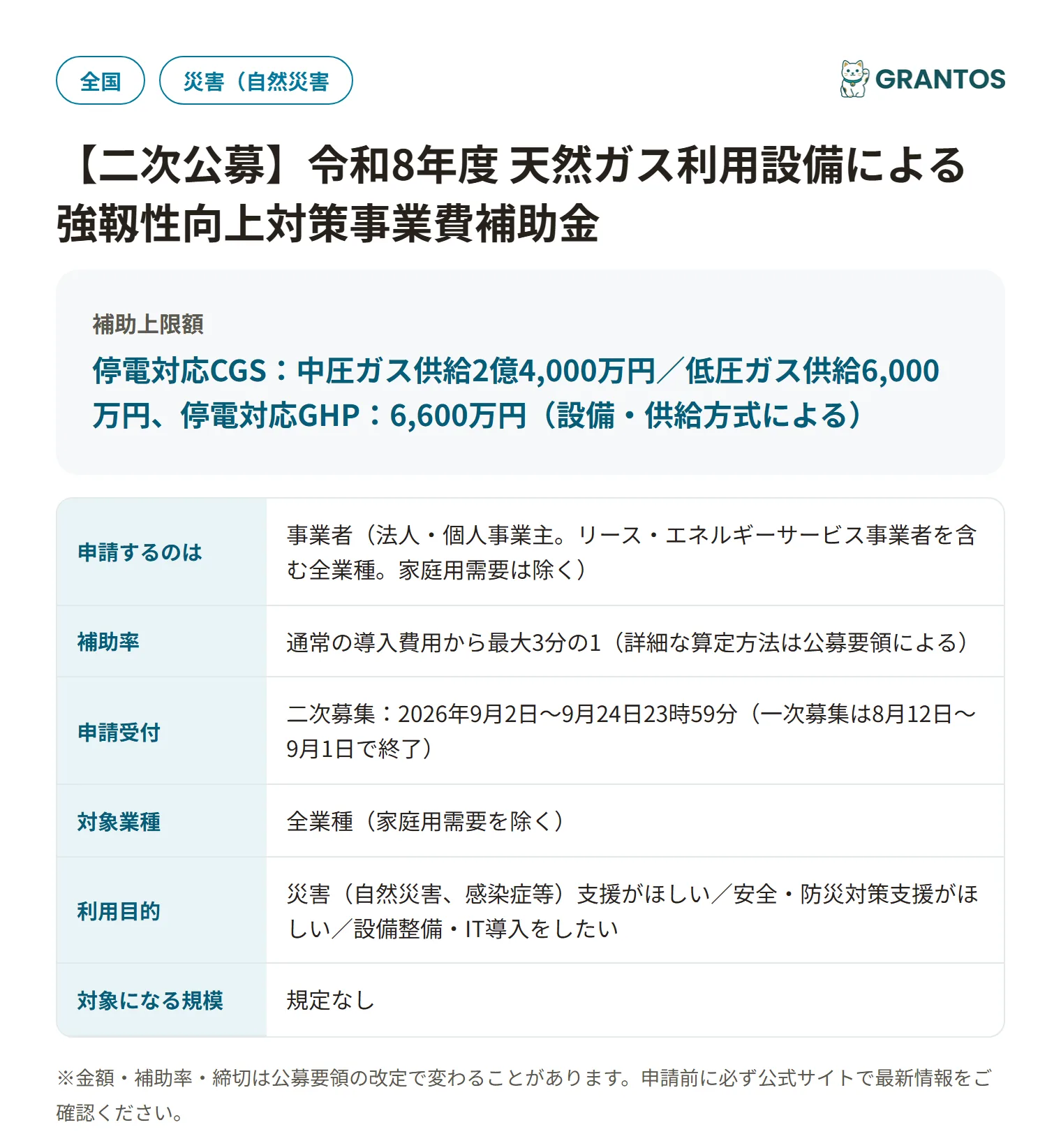 天然ガス利用設備による強靱性向上対策事業費補助金の対象・金額・締切の概要