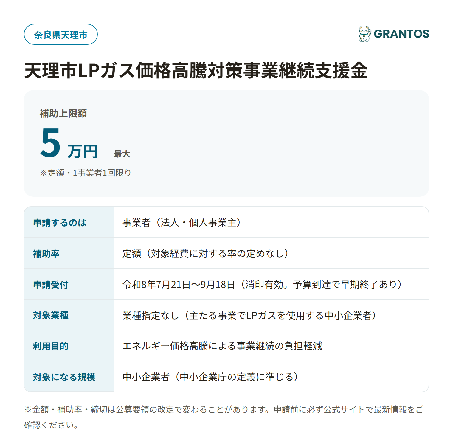 天理市LPガス価格高騰対策事業継続支援金の対象・金額・締切の概要