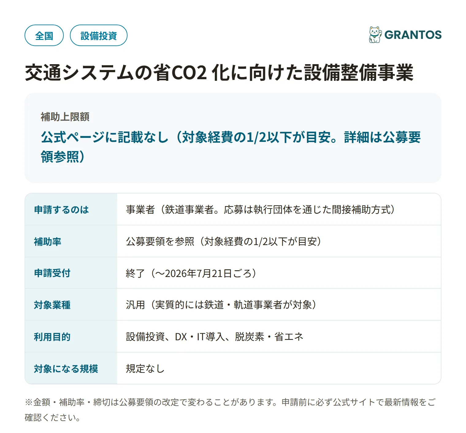 交通システムの省CO2化に向けた設備整備事業の対象・金額・締切の概要