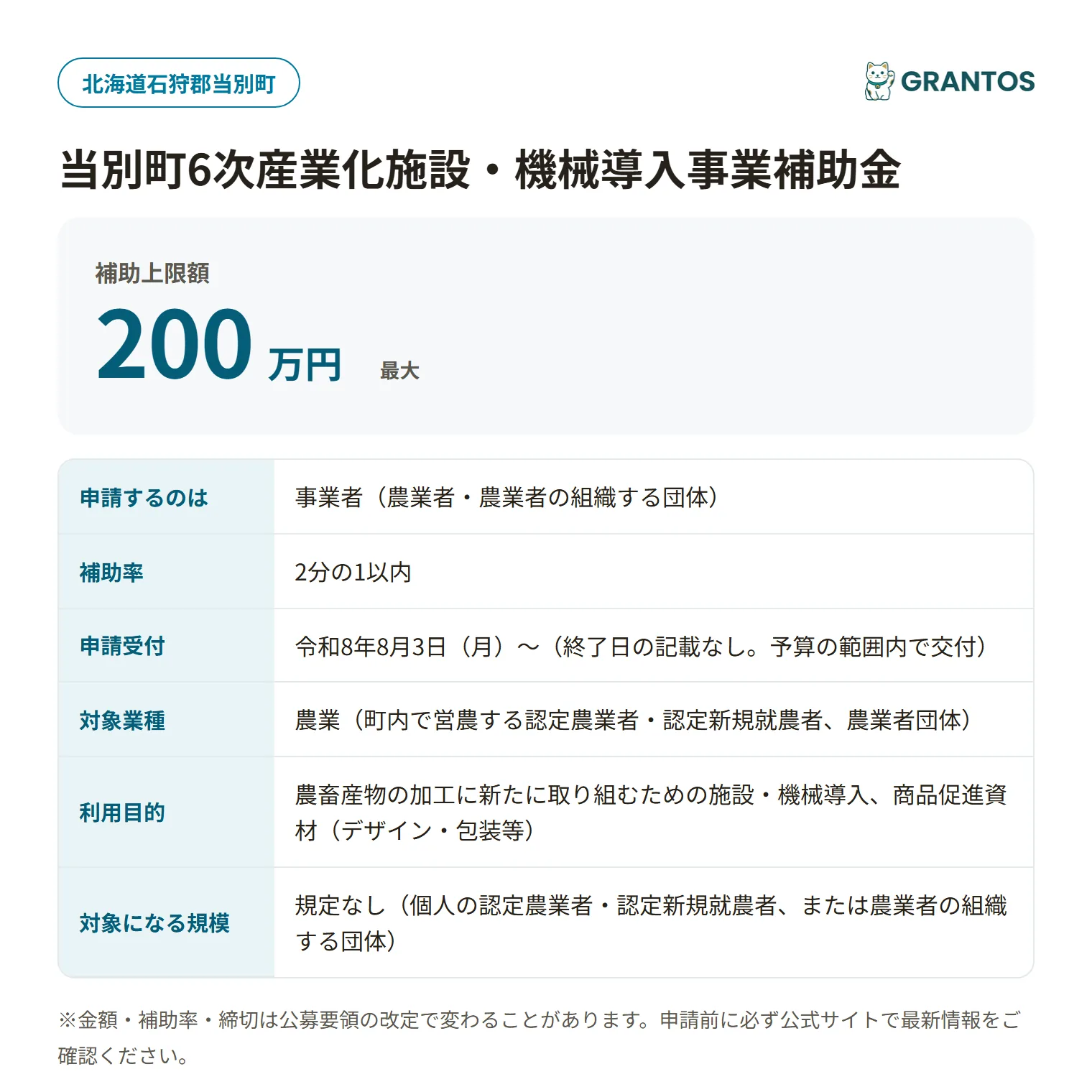 当別町6次産業化施設・機械導入事業補助金の対象・金額・締切の概要