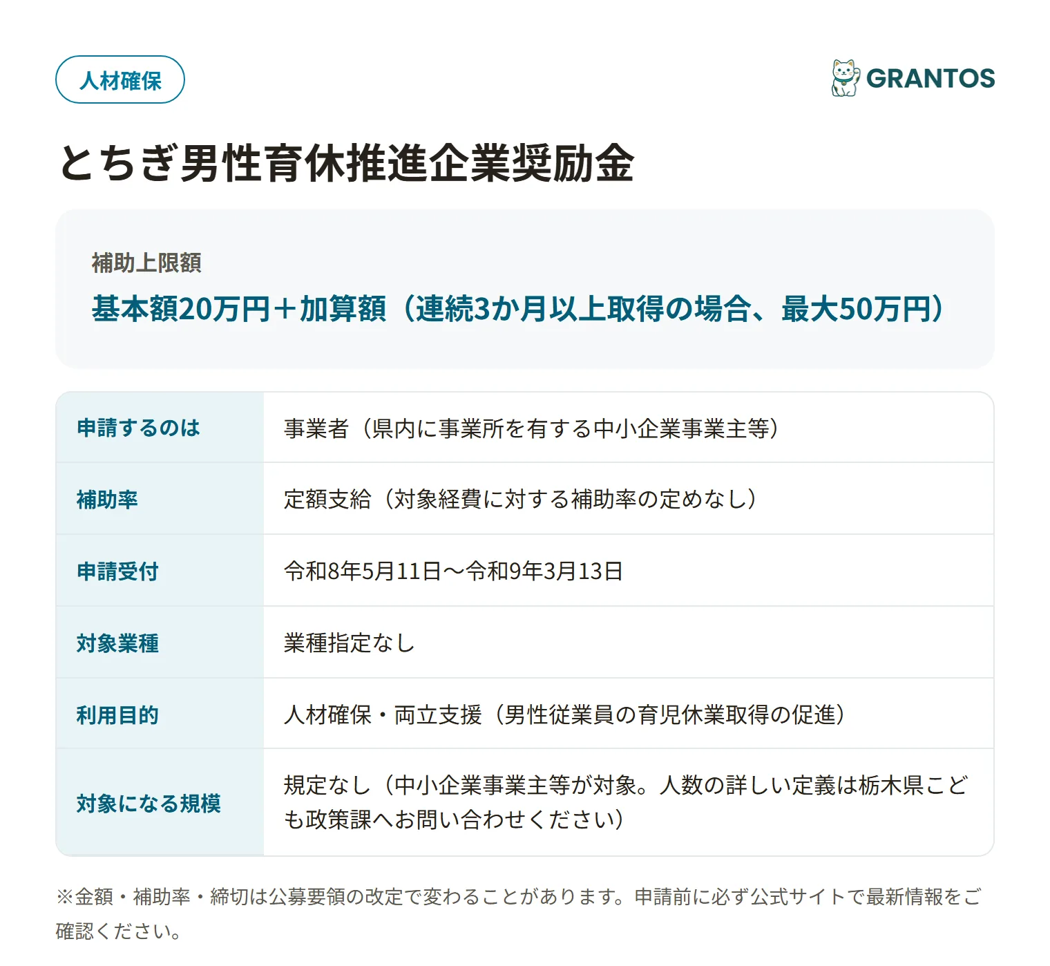 とちぎ男性育休推進企業奨励金の対象・金額・締切の概要