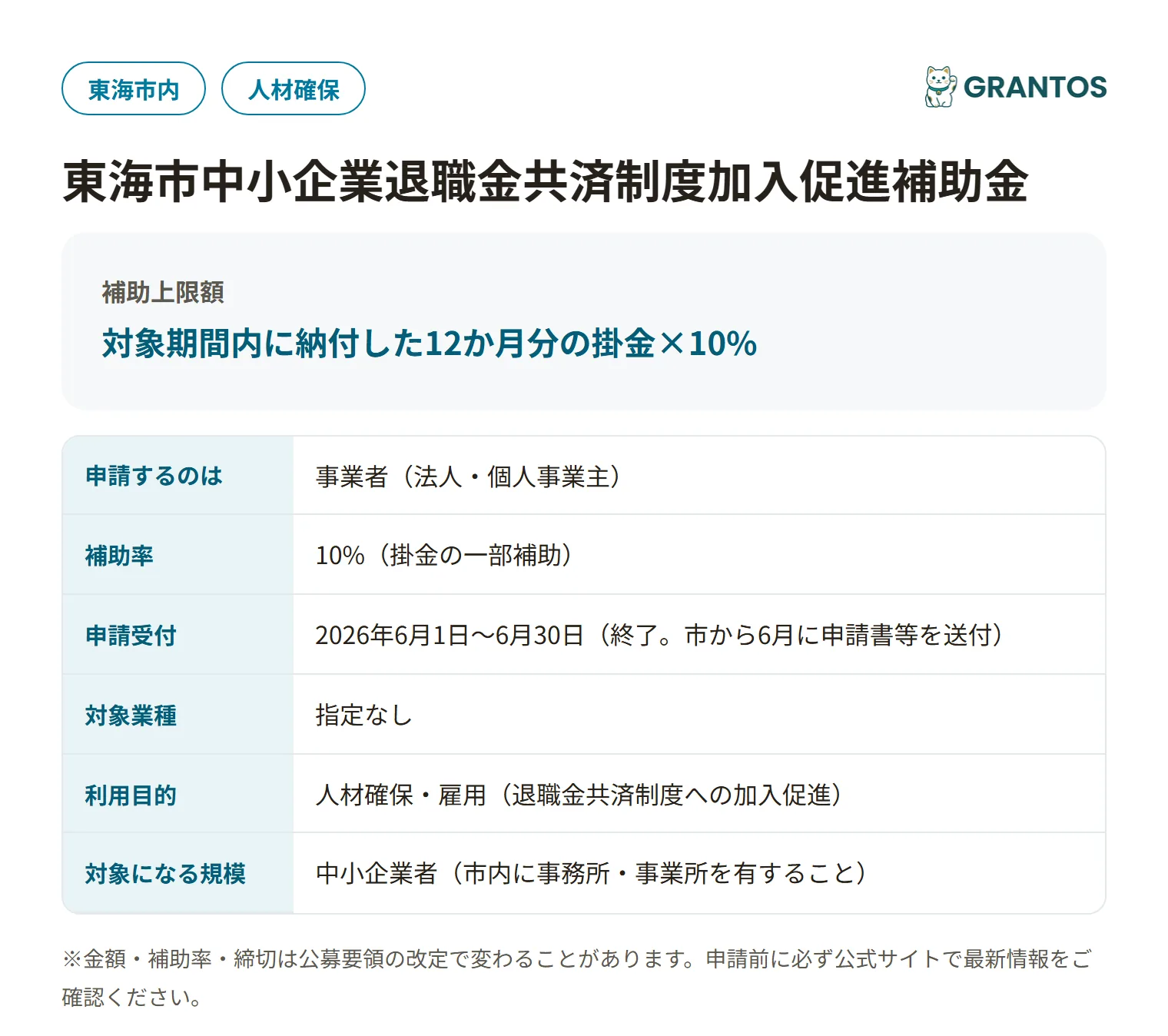 東海市中小企業退職金共済制度加入促進補助金の対象・金額・締切の概要