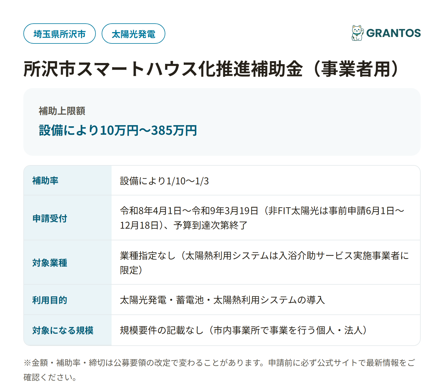 所沢市スマートハウス化推進補助金（事業者用）の対象・金額・締切の概要