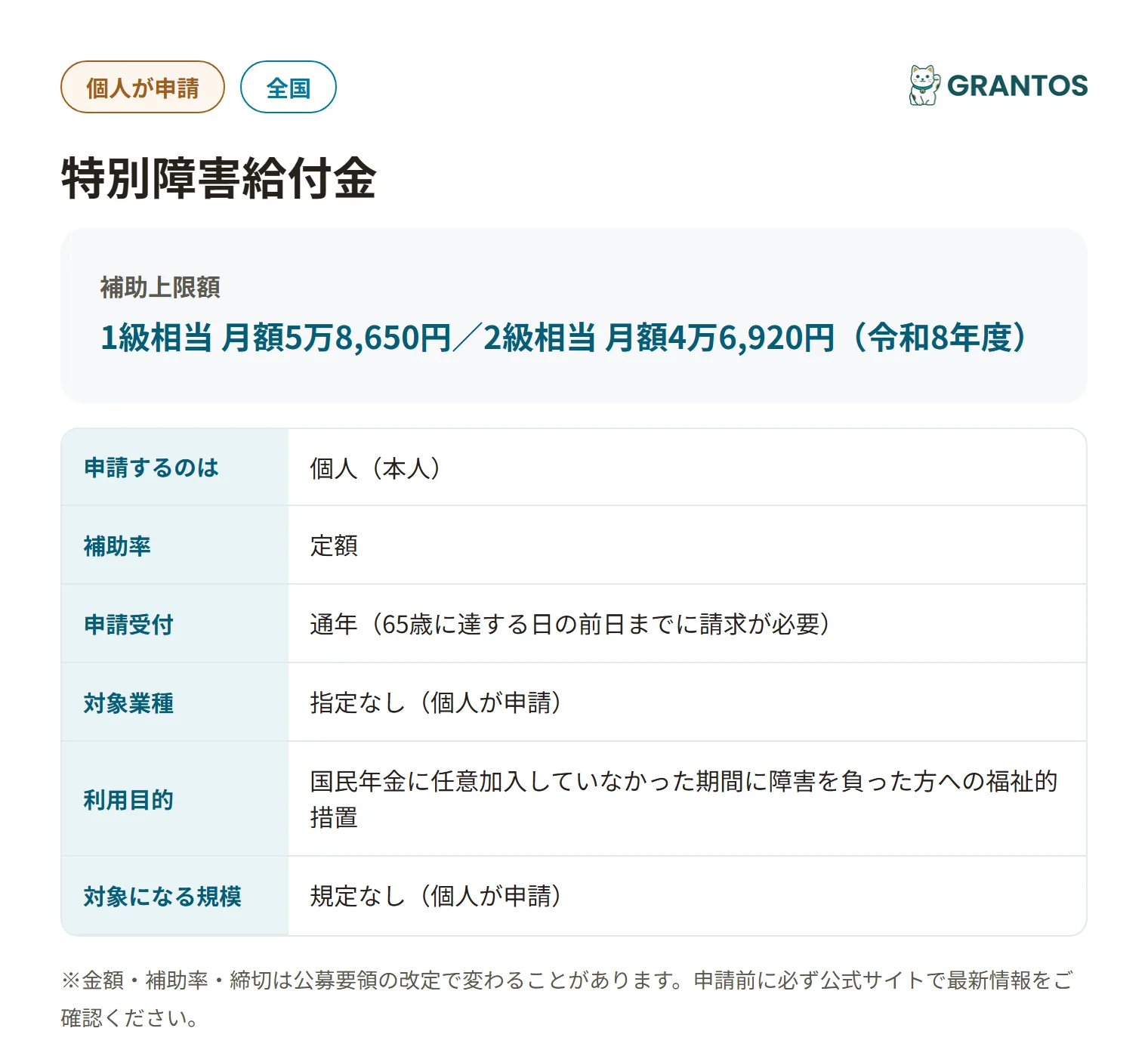 特別障害給付金の対象・金額・締切の概要