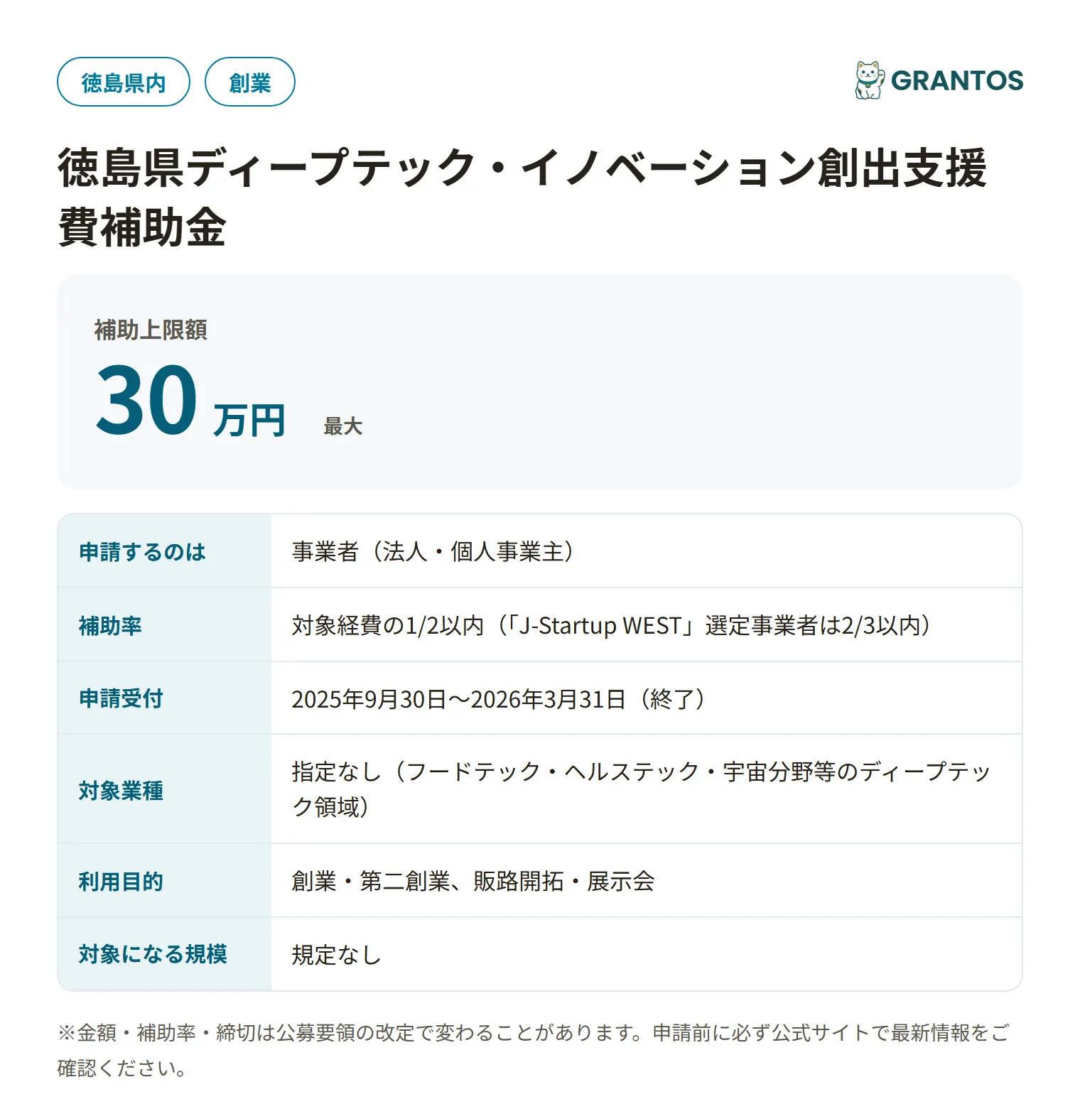 徳島県ディープテック・イノベーション創出支援費補助金の対象・金額・締切の概要