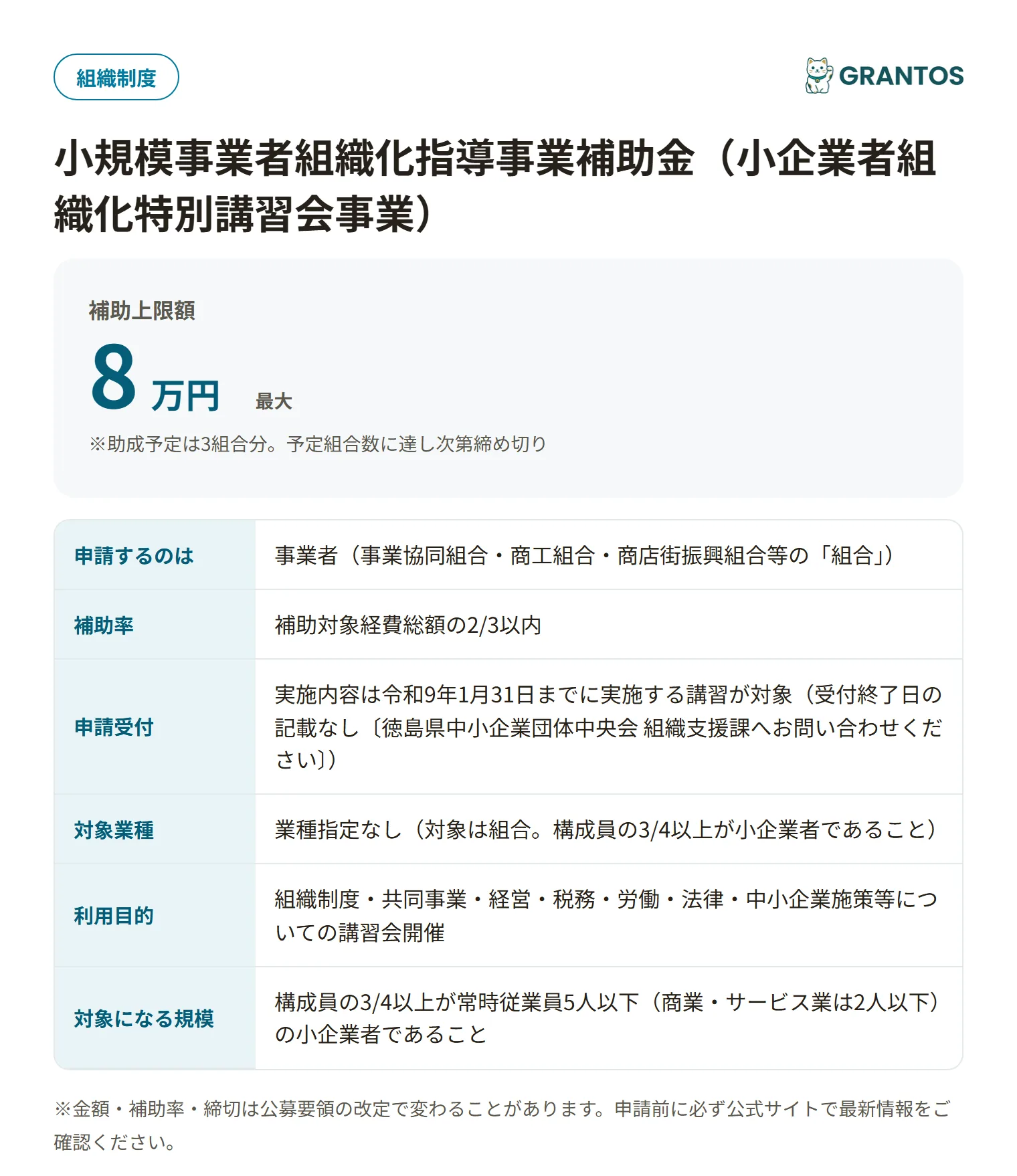 小規模事業者組織化指導事業補助金の対象・金額・締切の概要