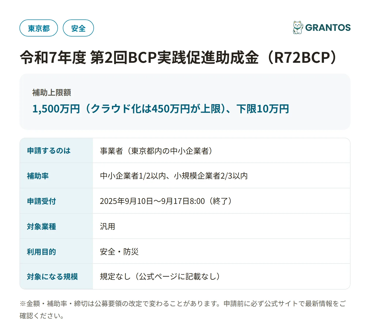 令和7年度第2回BCP実践促進助成金(R72BCP)の対象・金額・締切の概要