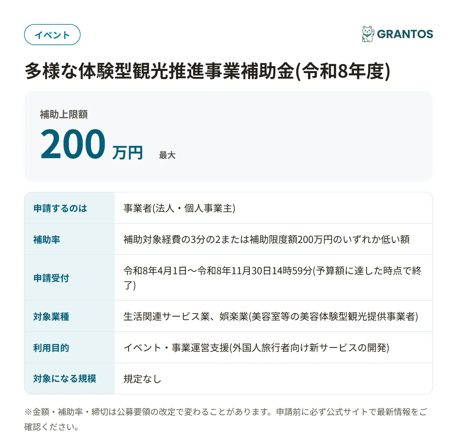 多様な体験型観光推進事業補助金の対象・金額・締切の概要