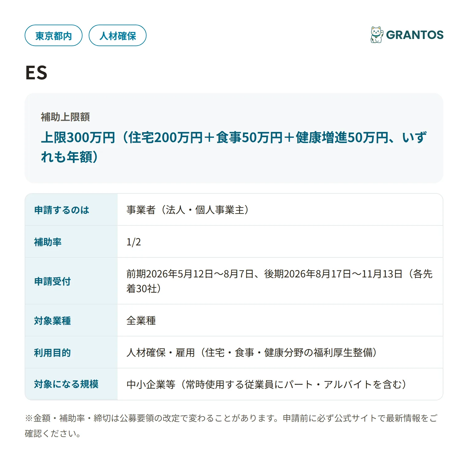ES向上助成金1年目の対象・金額・締切の概要