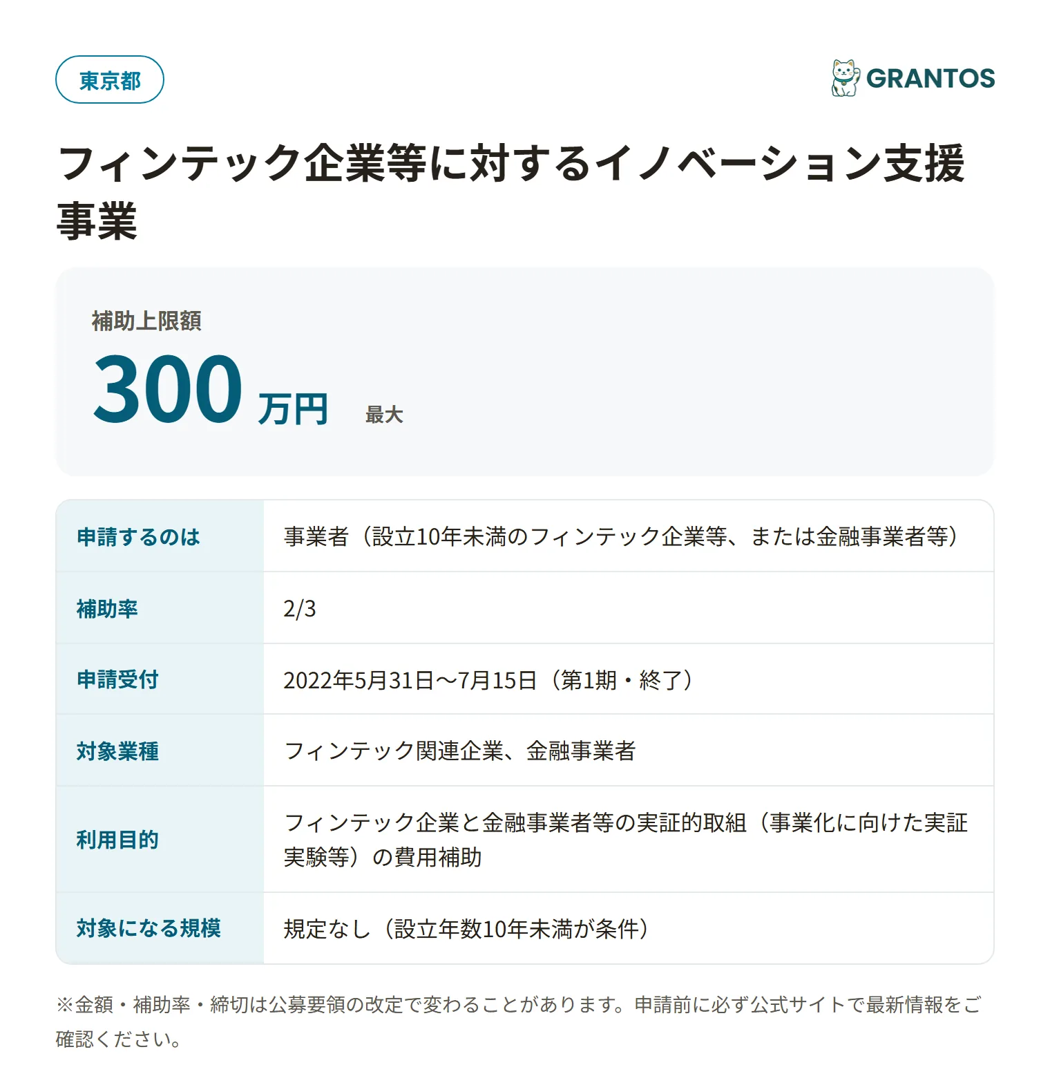 フィンテック企業等イノベーション支援事業（事業化支援・第1期）の対象・金額・締切の概要