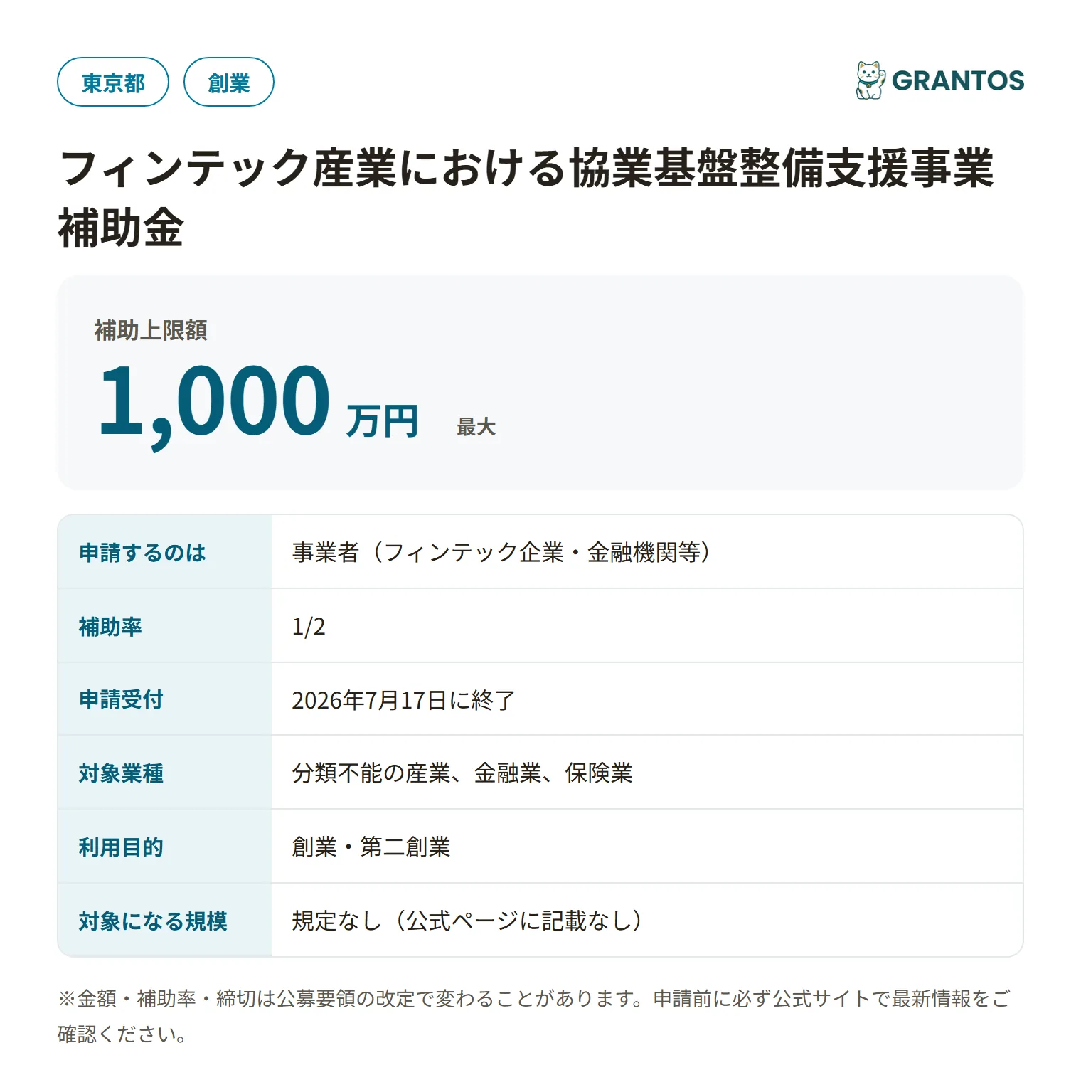 フィンテック産業における協業基盤整備支援事業補助金の対象・金額・締切の概要