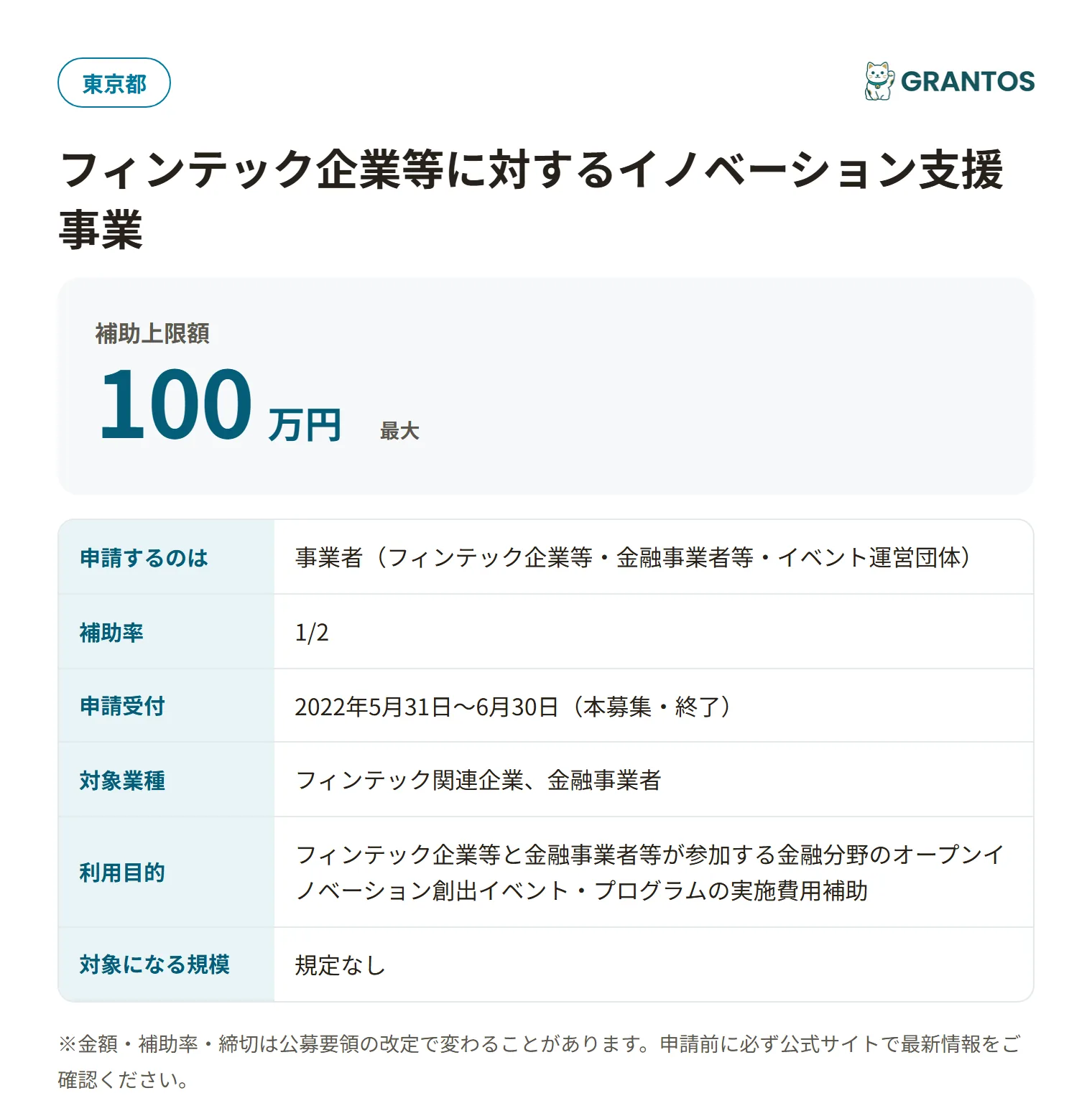 フィンテック企業等イノベーション支援事業(マッチングイベント)の対象・金額・締切の概要
