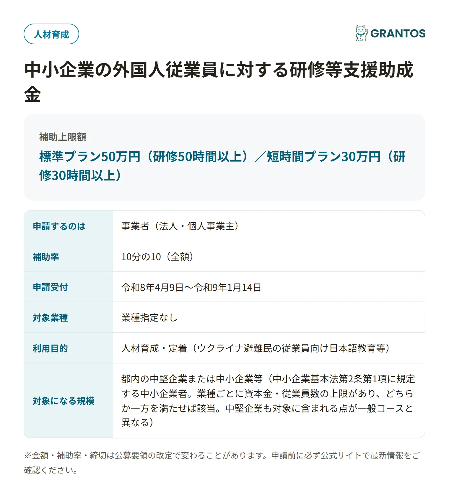 外国人従業員研修助成金(ウクライナ避難民採用企業コース)の対象・金額・締切の概要