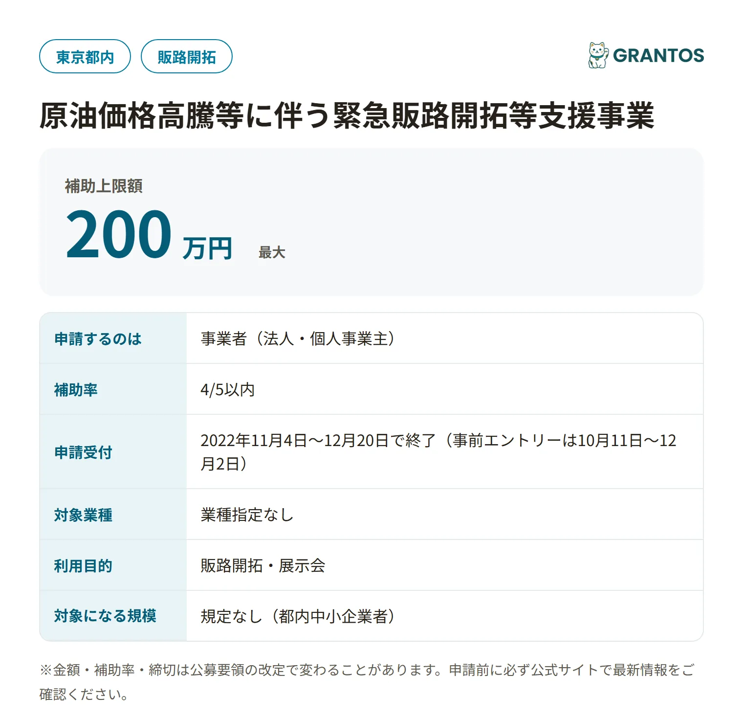 原油価格高騰等に伴う緊急販路開拓等支援事業の対象・金額・締切の概要