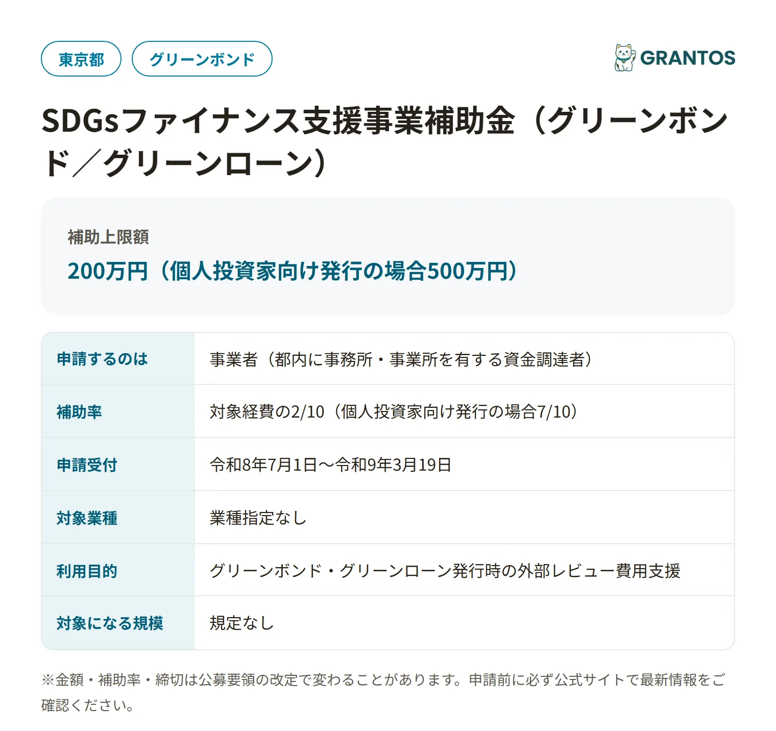 東京都SDGsファイナンス支援事業補助金（グリーンボンド/グリーンローン）の対象・金額・締切の概要