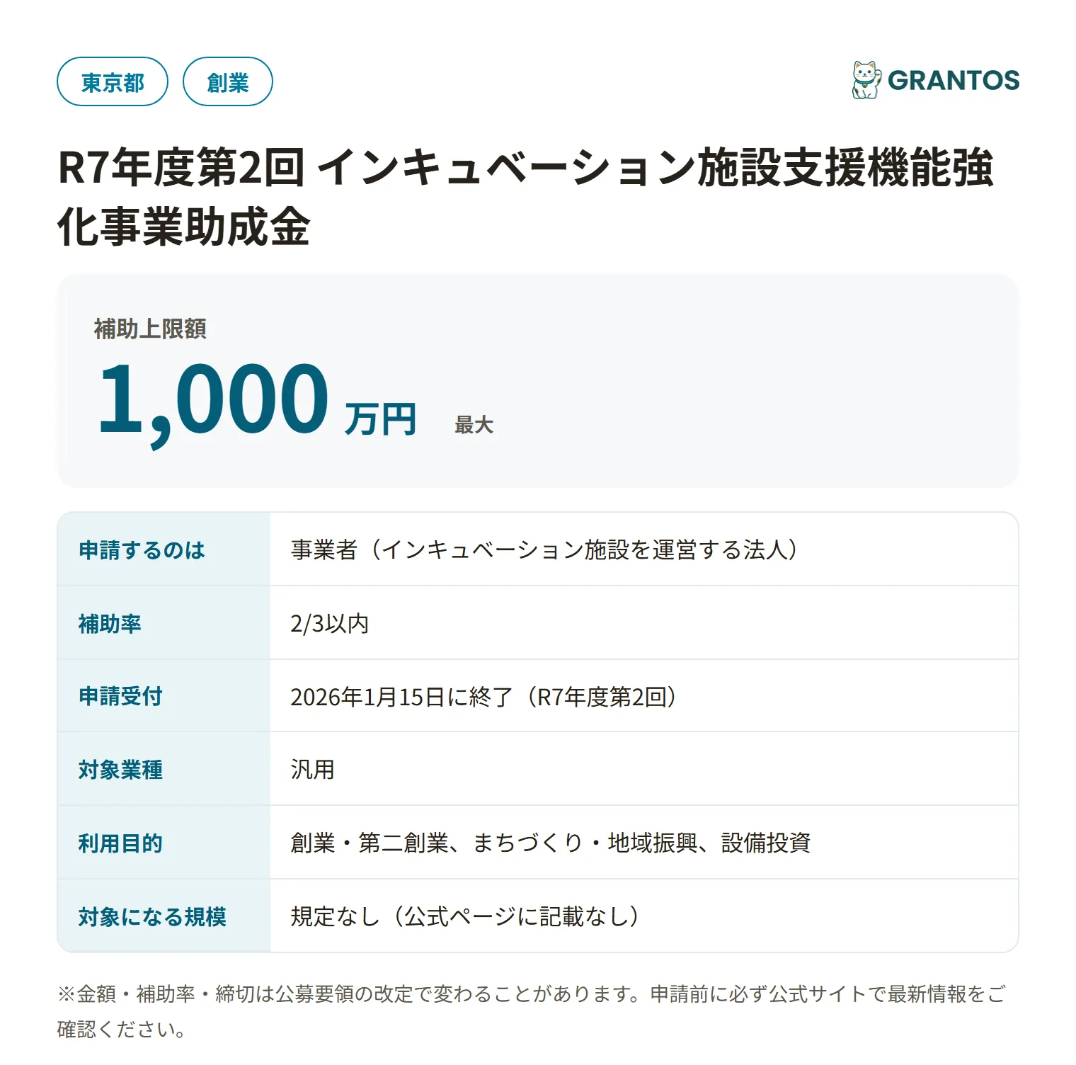 R7年度第2回インキュベーション施設支援機能強化事業助成金の対象・金額・締切の概要
