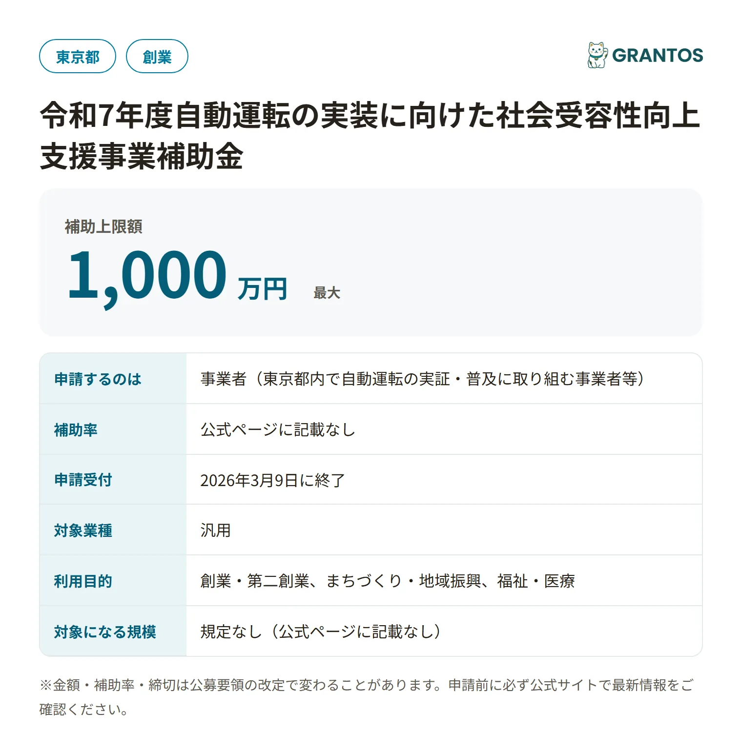 自動運転の実装に向けた社会受容性向上支援事業補助金の対象・金額・締切の概要