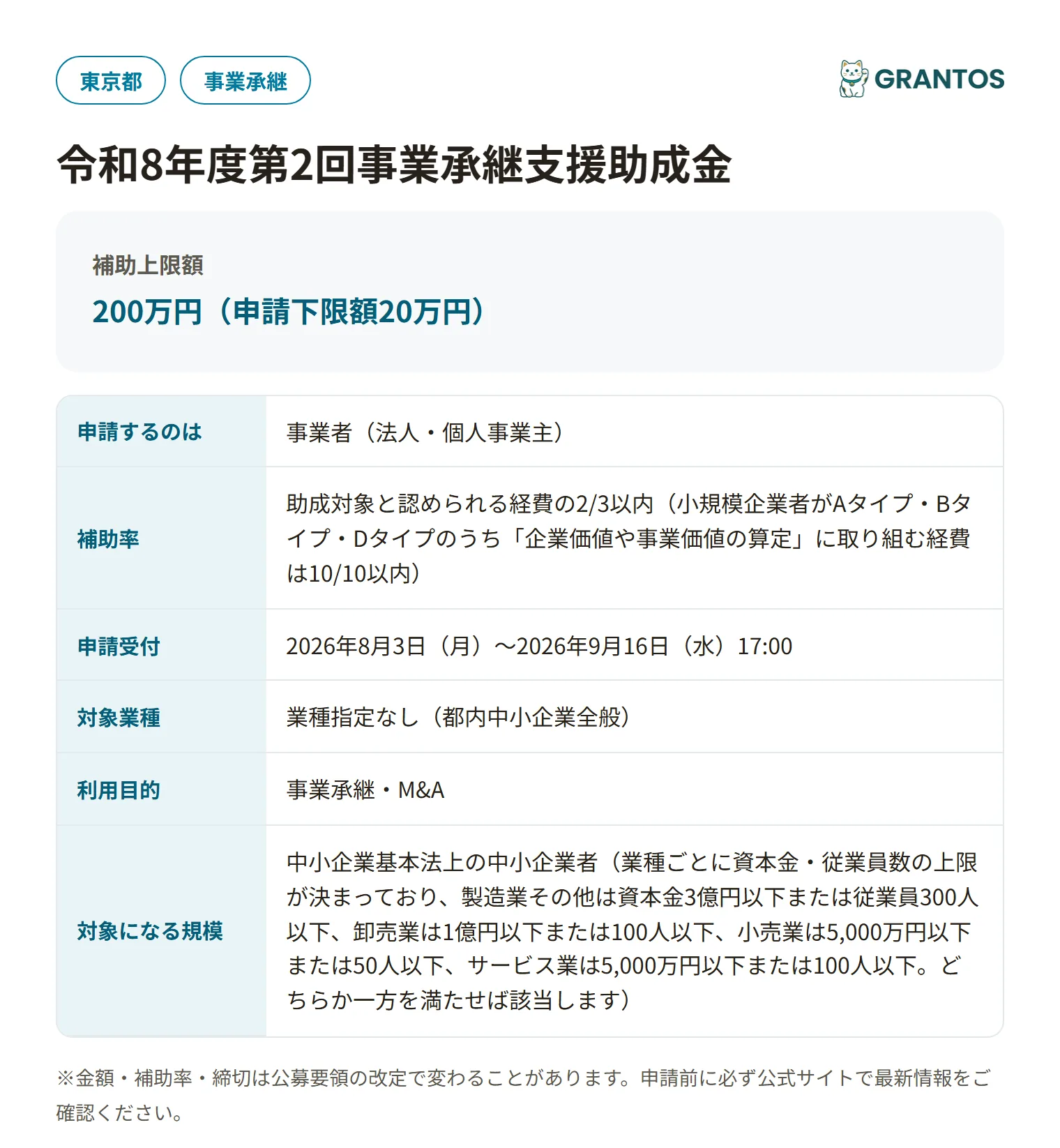 令和8年度第2回事業承継支援助成金の対象・金額・締切の概要