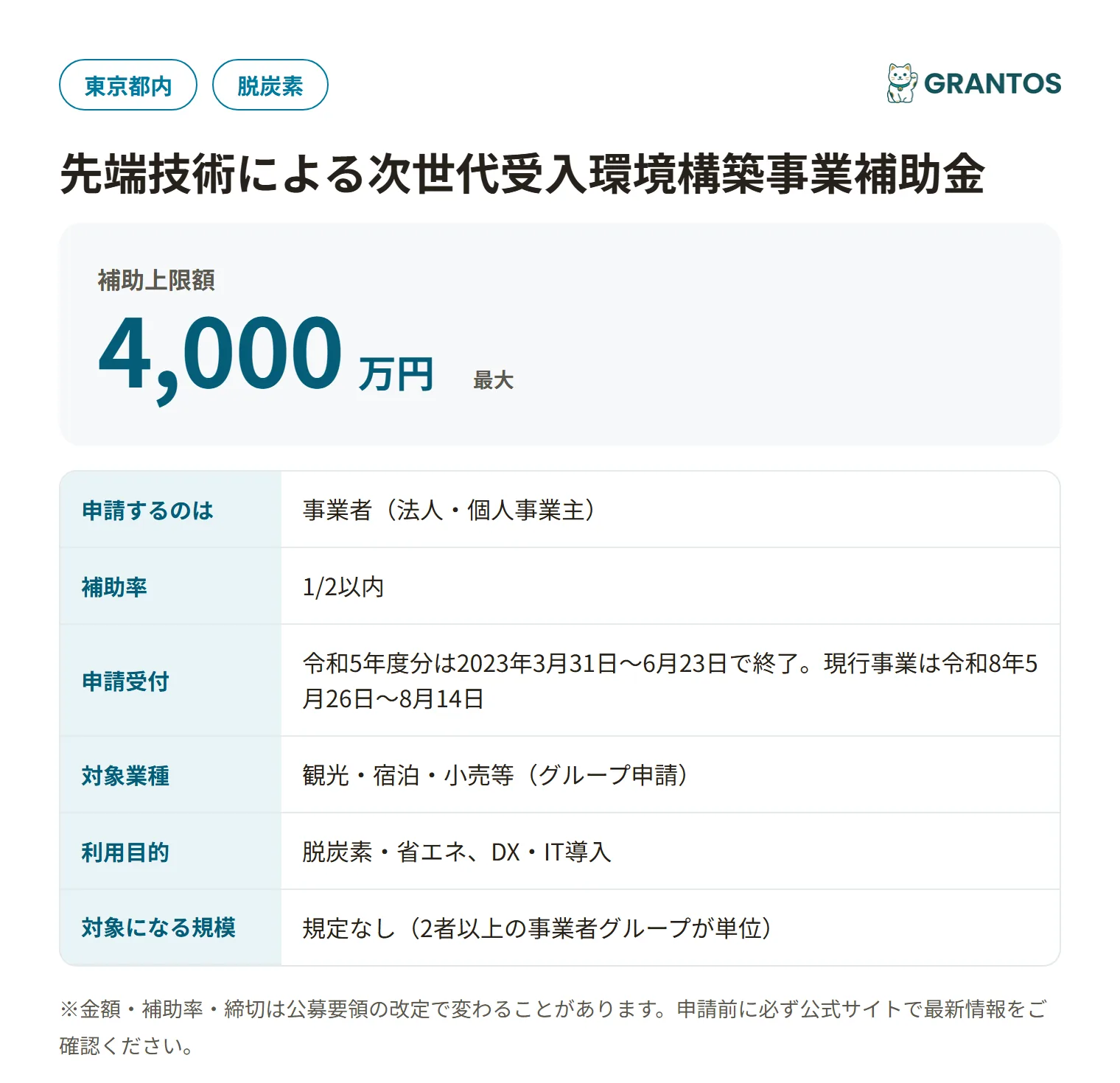 先端技術による次世代受入環境構築事業補助金の対象・金額・締切の概要